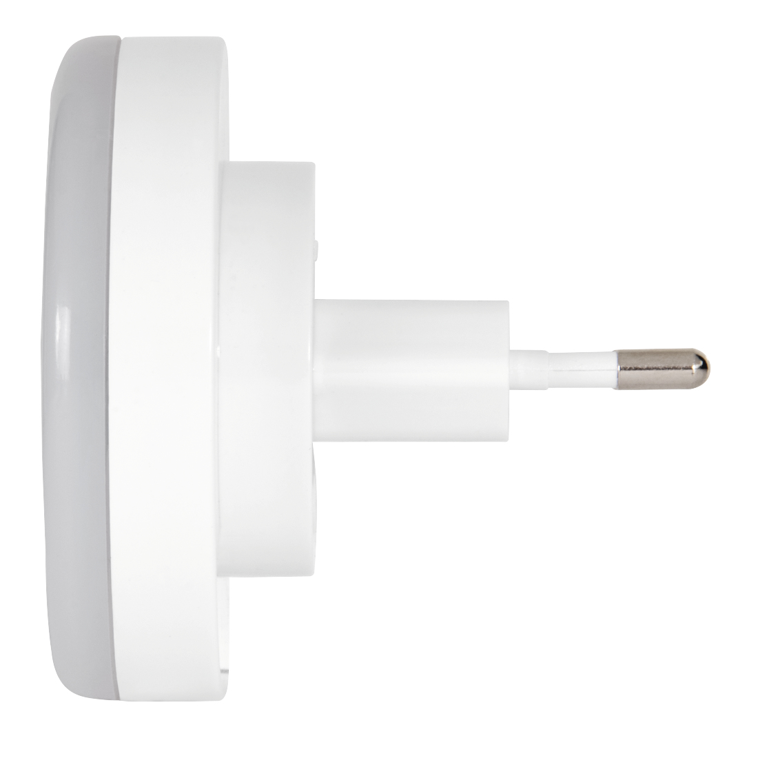 Biała lampka nocna z wtyczką. Widok z boku. Światło jest owalne i ma szary blask.