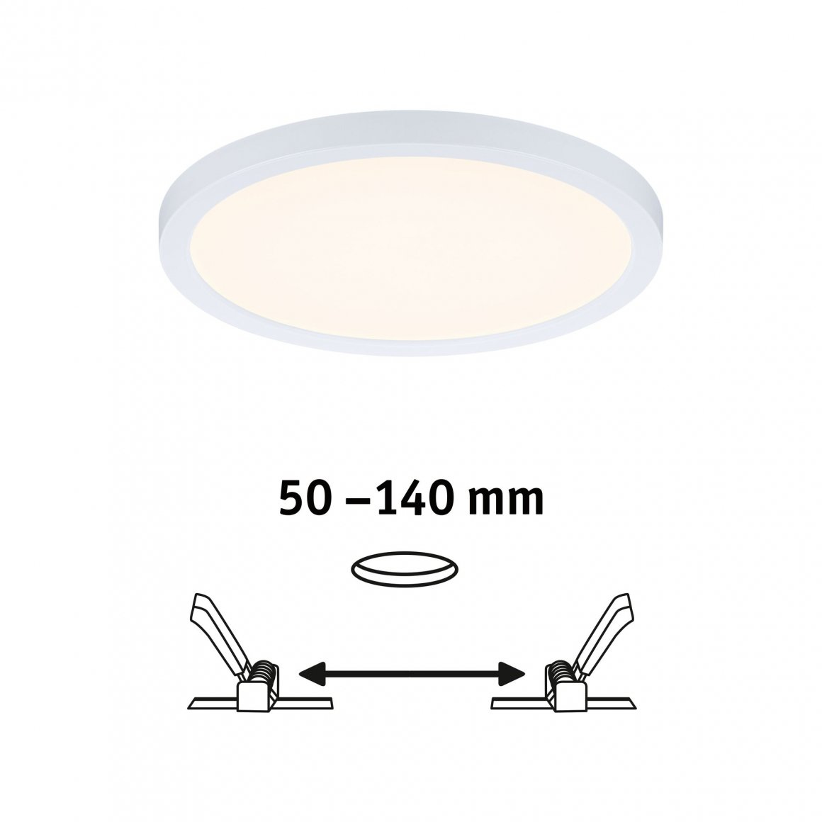 Biała, okrągła lampa sufitowa z czarnymi strzałkami i liczbami '50-140 mm' poniżej.