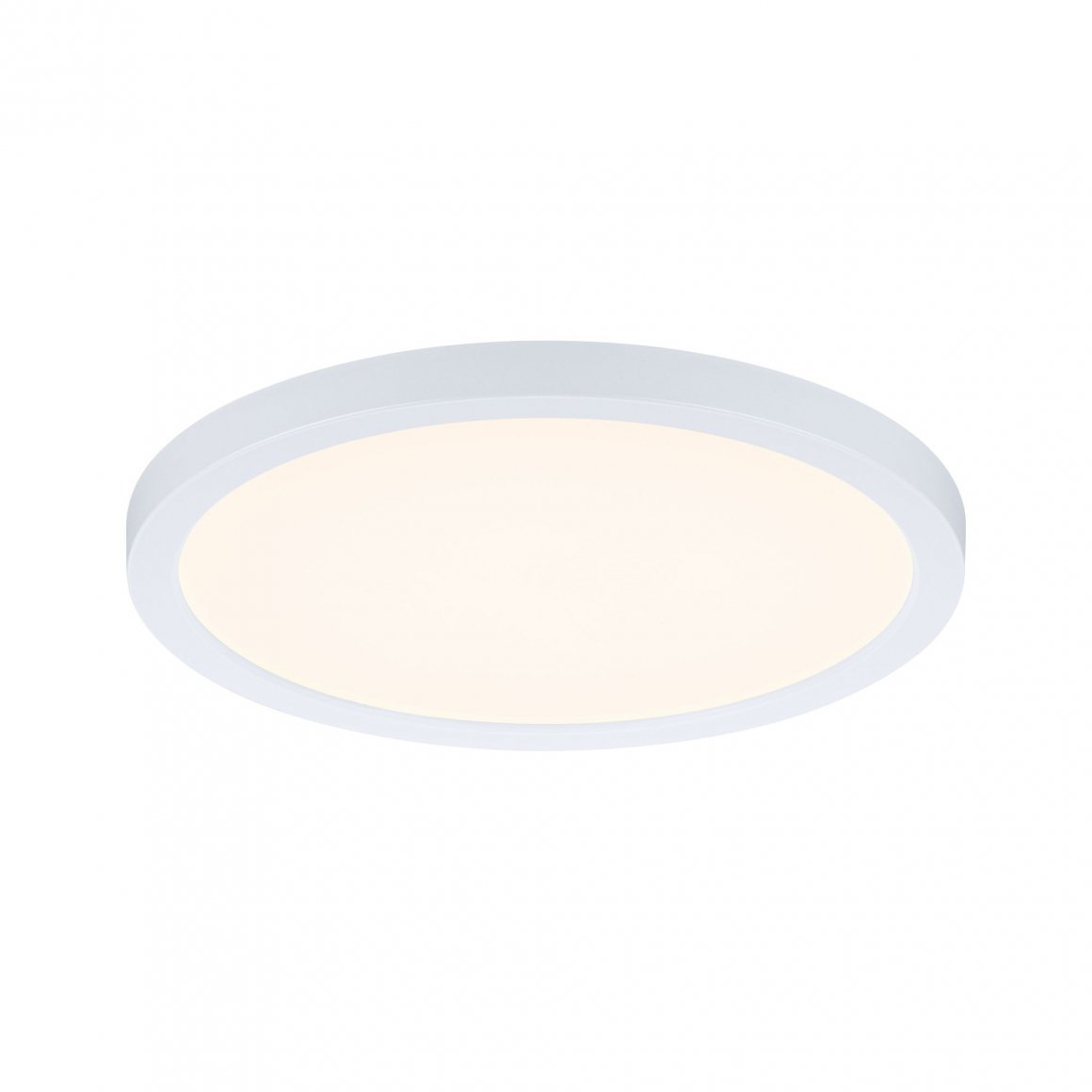 Okrągła biała lampa sufitowa. Biała rama z jasnym światłem.