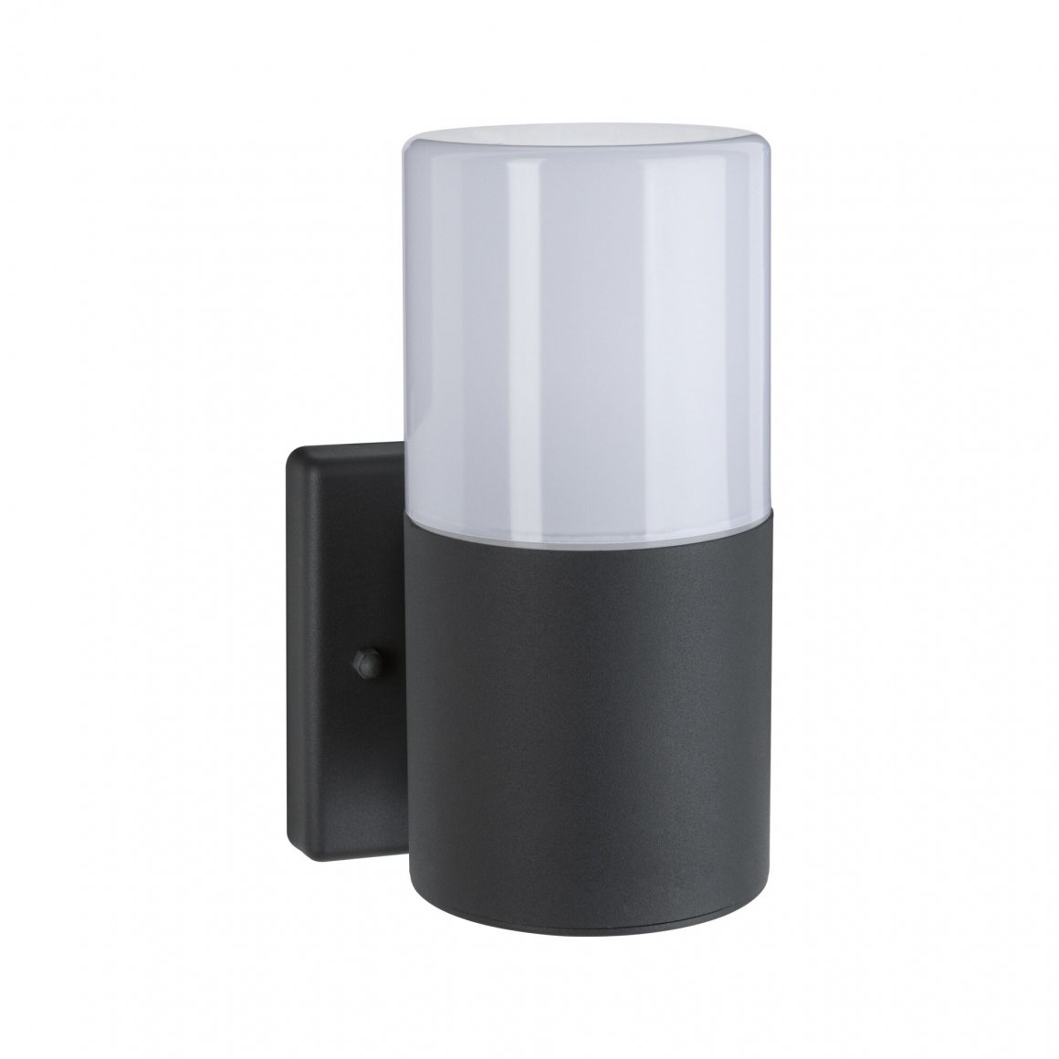 Schwarze und graue Außenwandleuchte. Die Lampe ist zylindrisch.