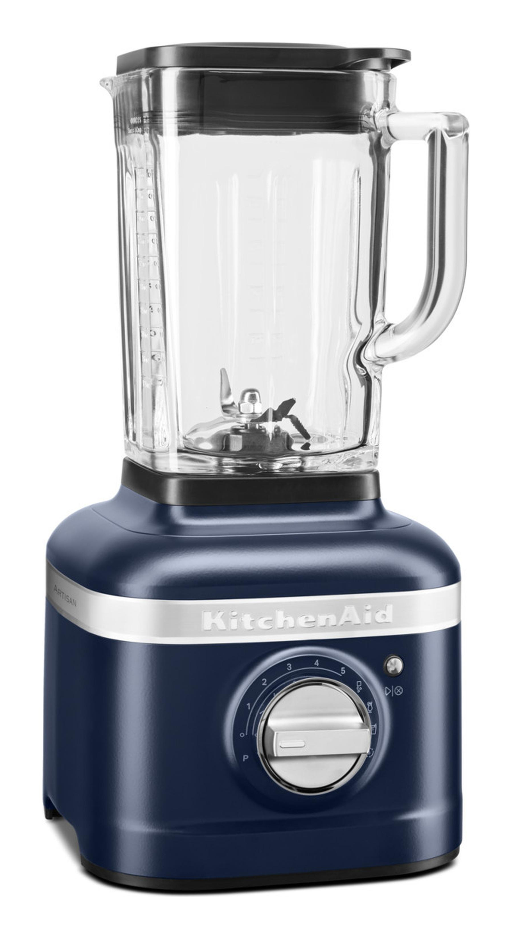 Blue KitchenAid blender. It has a glass pitcher and a dial with numbers.