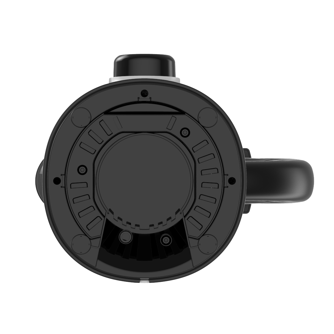 Base negra de un electrodoméstico de cocina con asa lateral. Muestra la parte inferior.