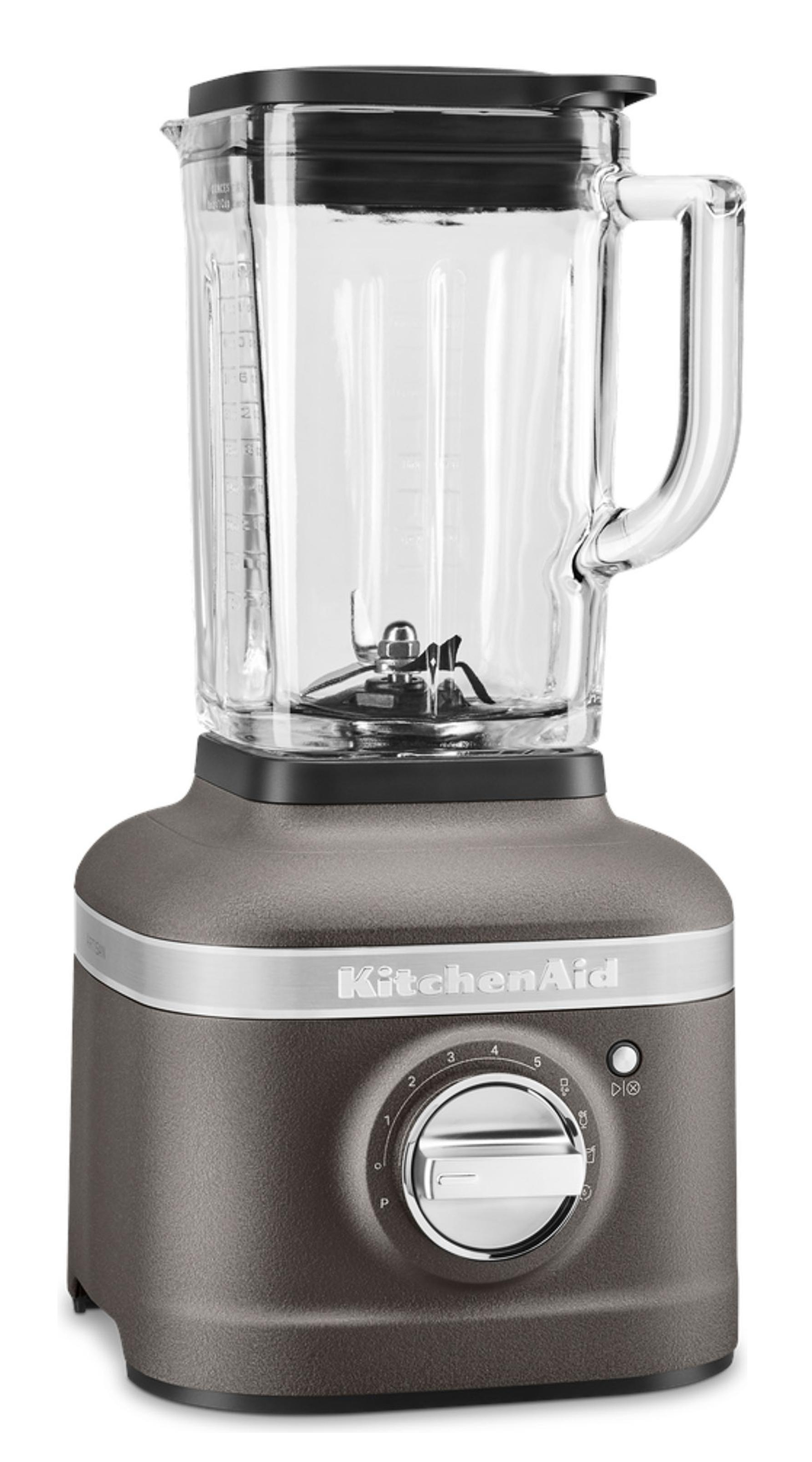 KitchenAid blender on white background, with a dial and a glass pitcher.