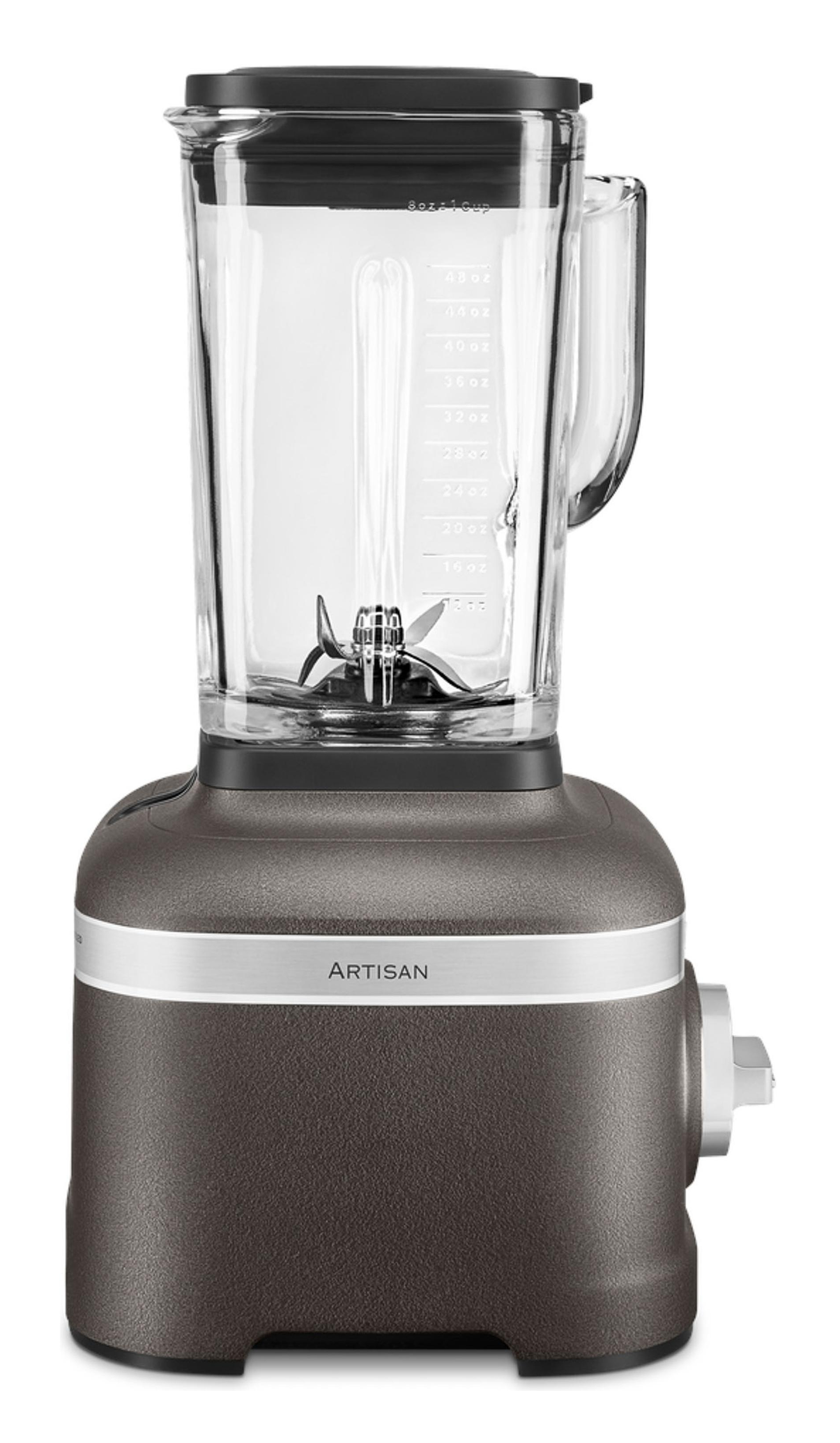 Dark gray KitchenAid blender with a glass pitcher. Silver band and control button on the side.