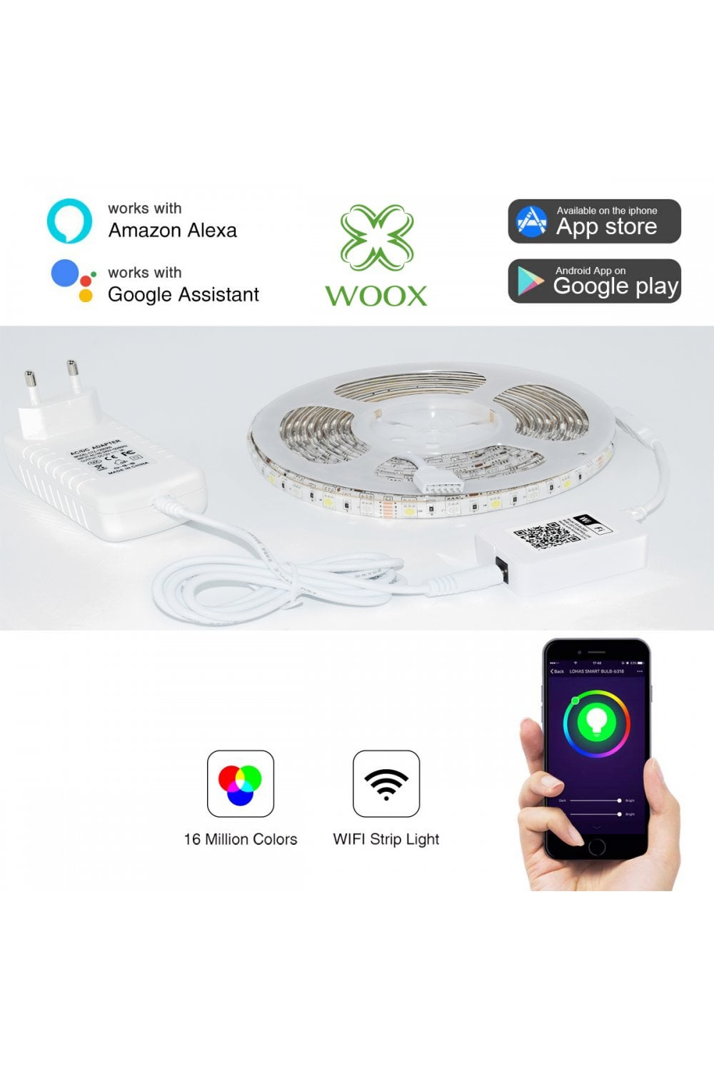 Kit de bande lumineuse intelligente. Comprend un rouleau de LED, boîtier de contrôle, adaptateur secteur et téléphone.