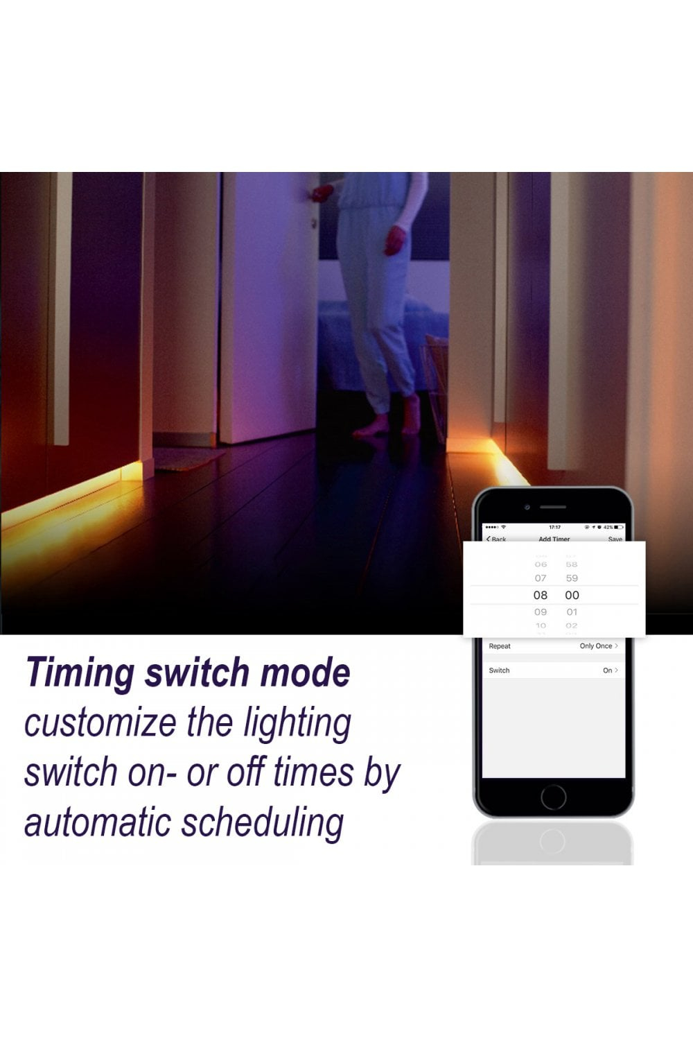 Une personne marche dans un couloir éclairé par des bandes lumineuses colorées. Un smartphone affiche les réglages de la lumière.