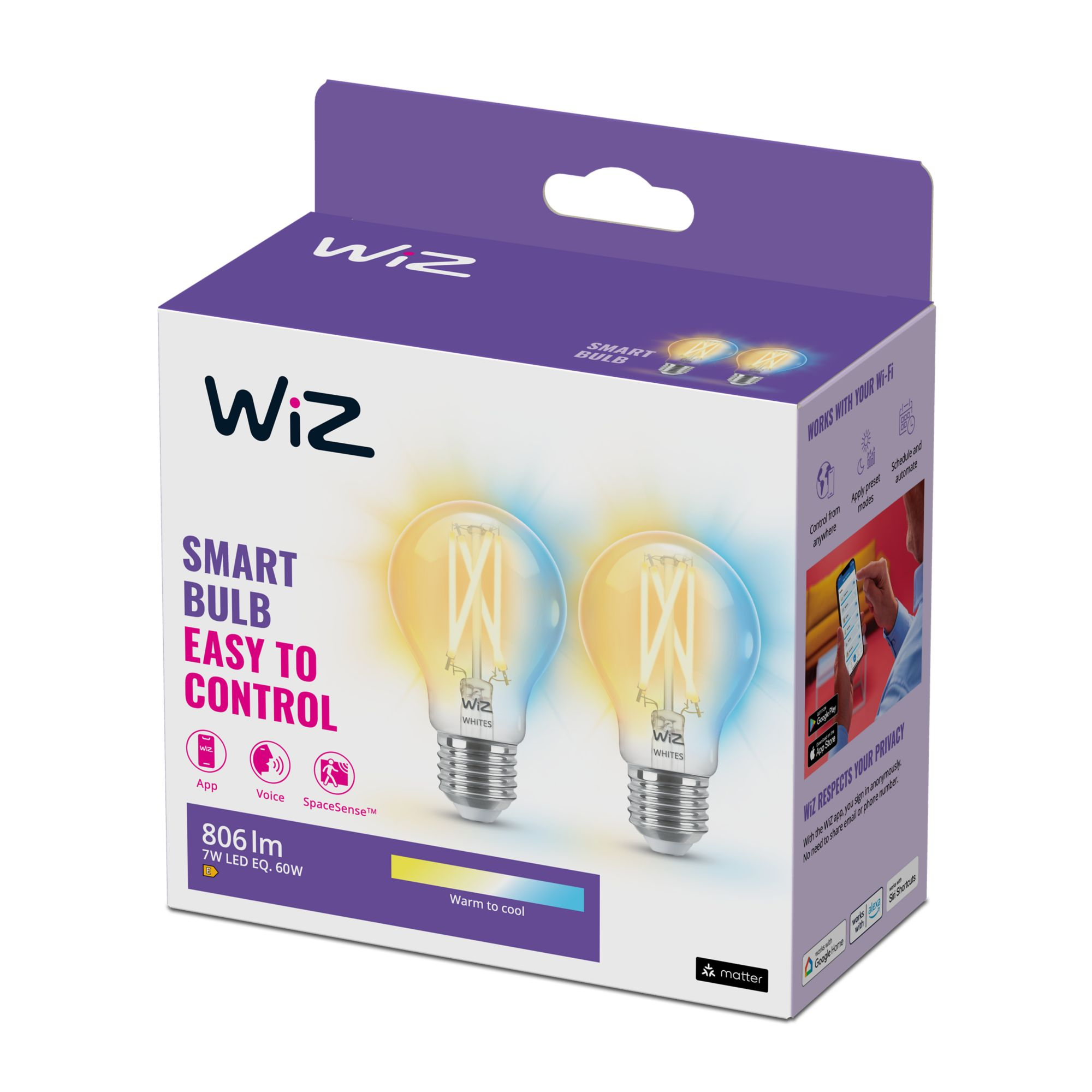 Une boîte avec deux ampoules avec lumière bleue et jaune, avec le logo WiZ.