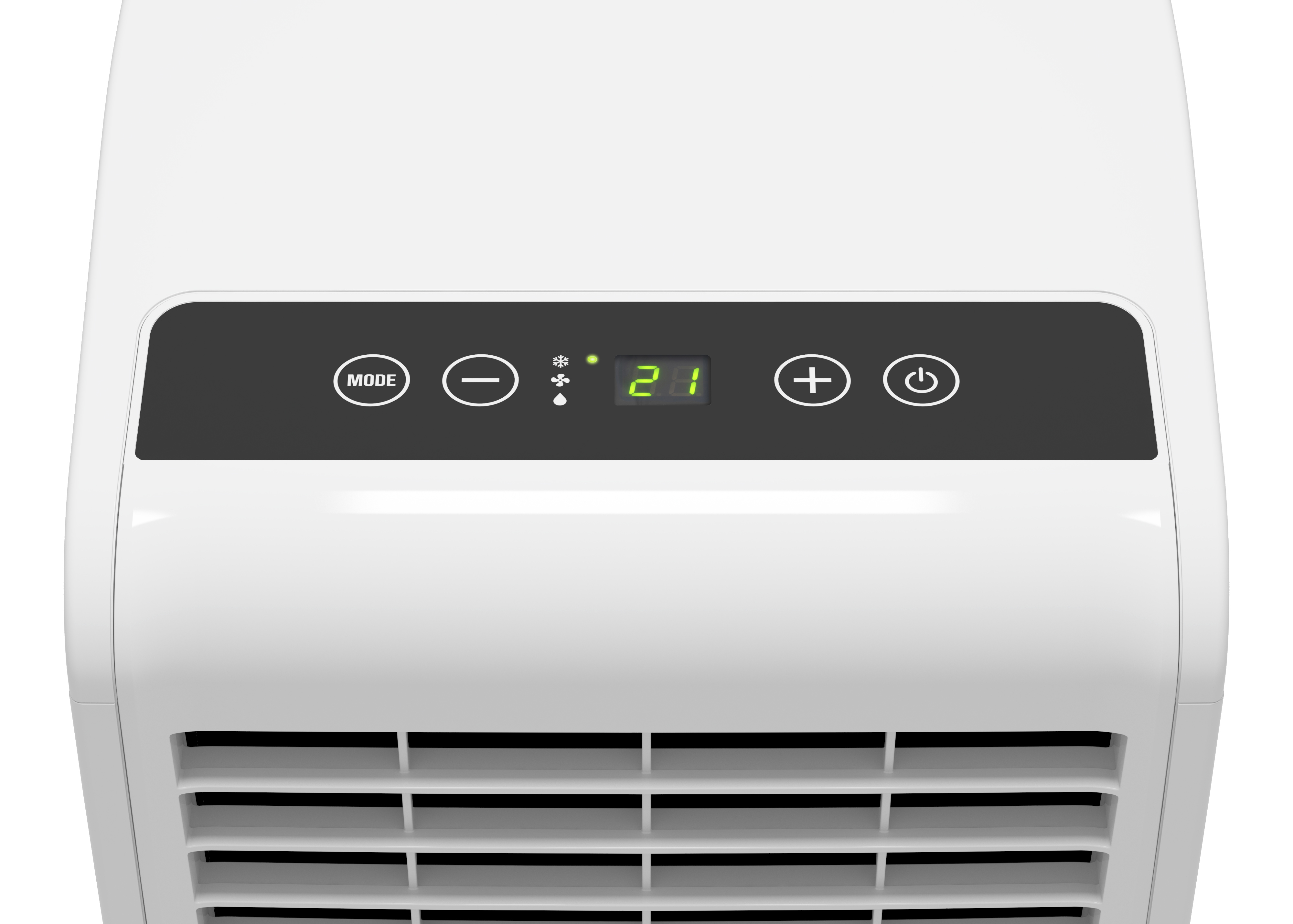 Zbliżenie na górną część białego klimatyzatora z wyświetlaczem cyfrowym.