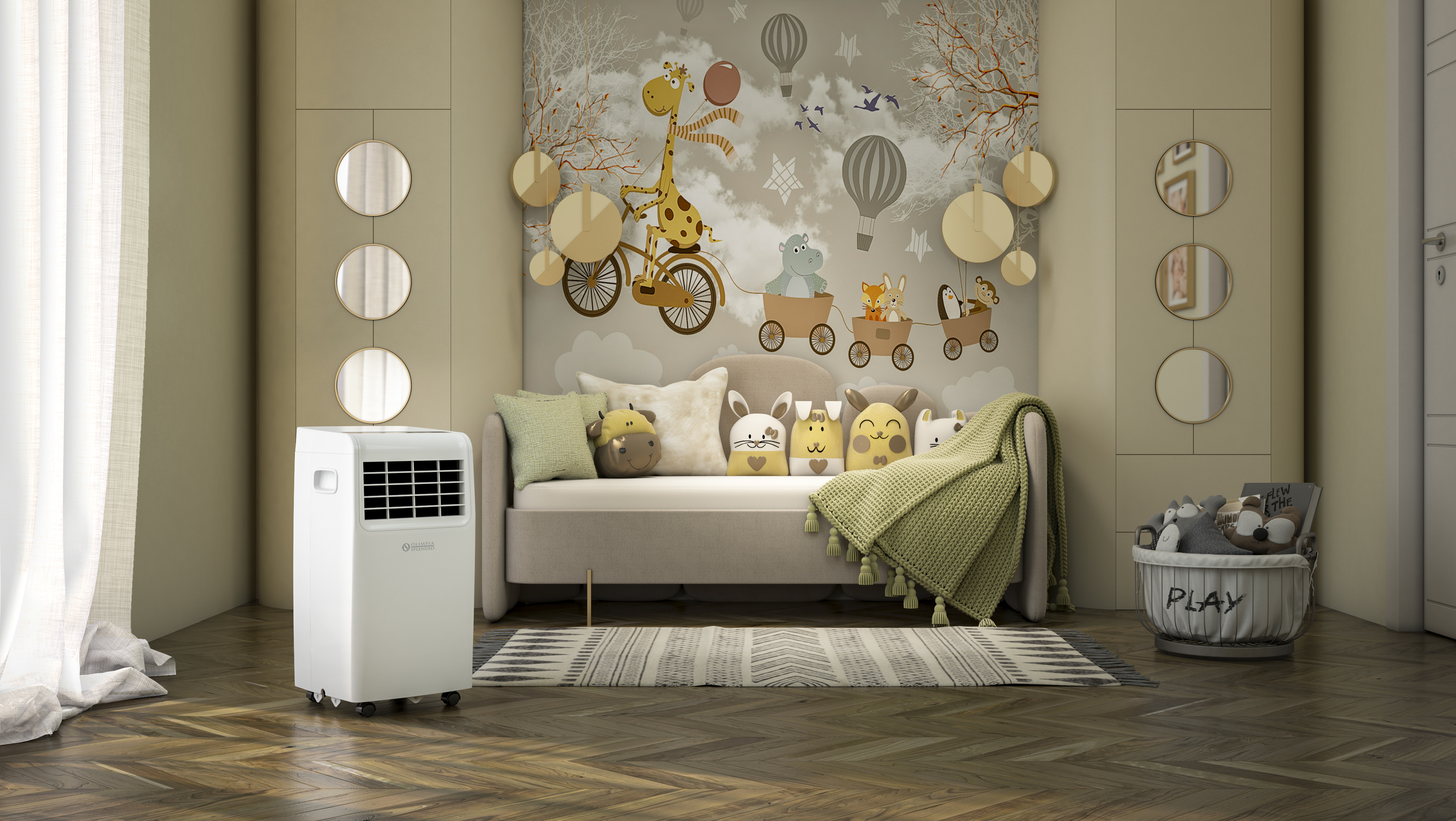 Pokój dziecięcy z kolorowym muralem, klimatyzatorem i elementami dekoracyjnymi.