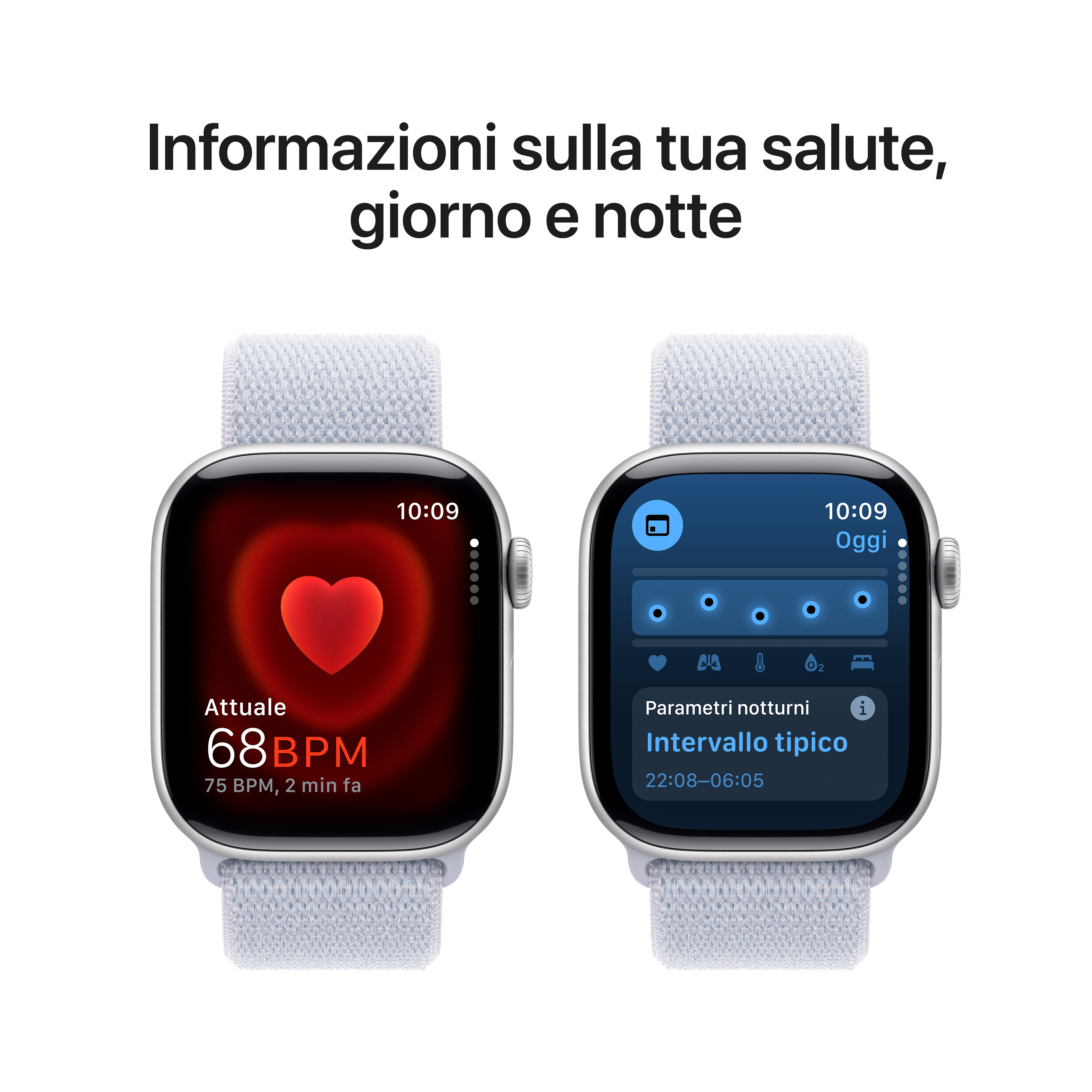 Dwa smartwatche pokazujące tętno i dane zdrowotne, z włoskim tekstem.