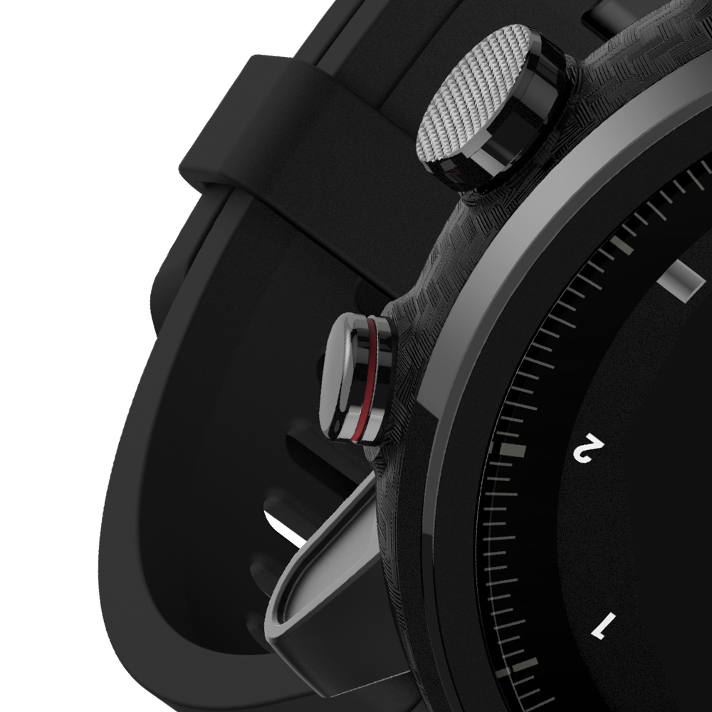 Nahaufnahme einer schwarzen Smartwatch mit strukturierter Lünette und zwei Knöpfen.
