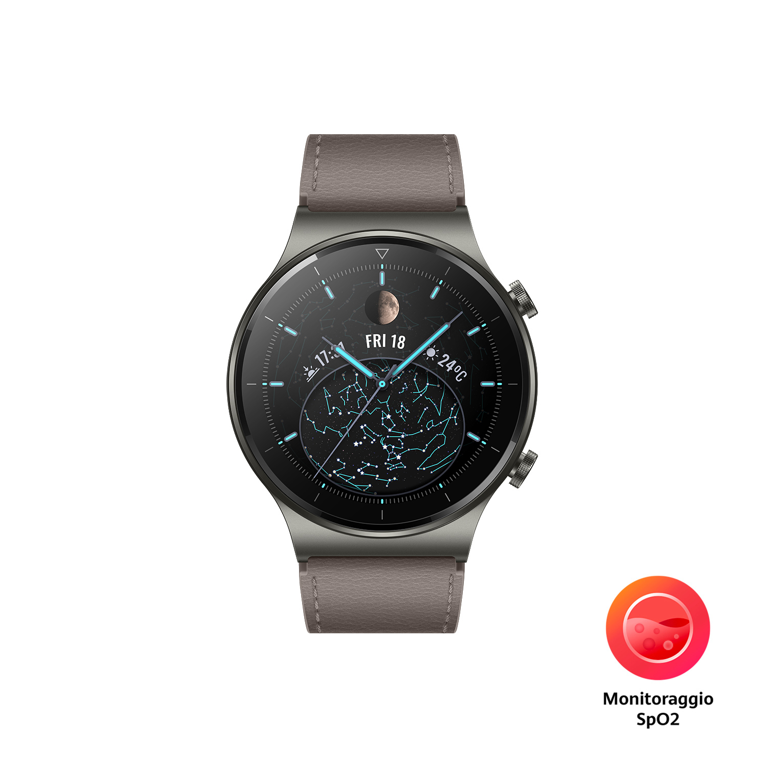 Smartwatch mit grauem Armband, zeigt Zeit, Datum und Gesundheitsdaten. Rotes SpO2-Symbol.