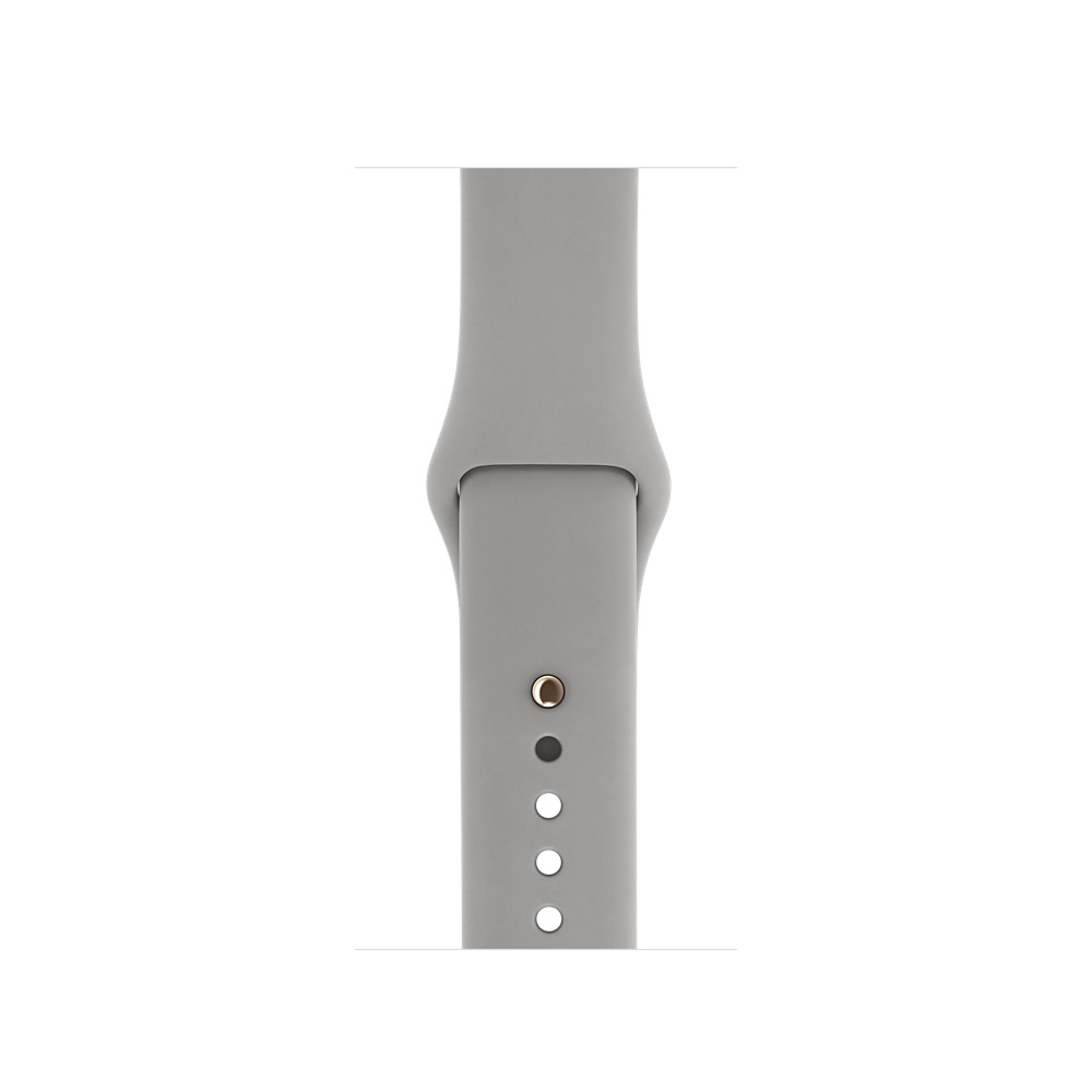 Graues Apple Watch Armband. Mehrere Löcher und ein silberner Stift. Weißer Hintergrund.