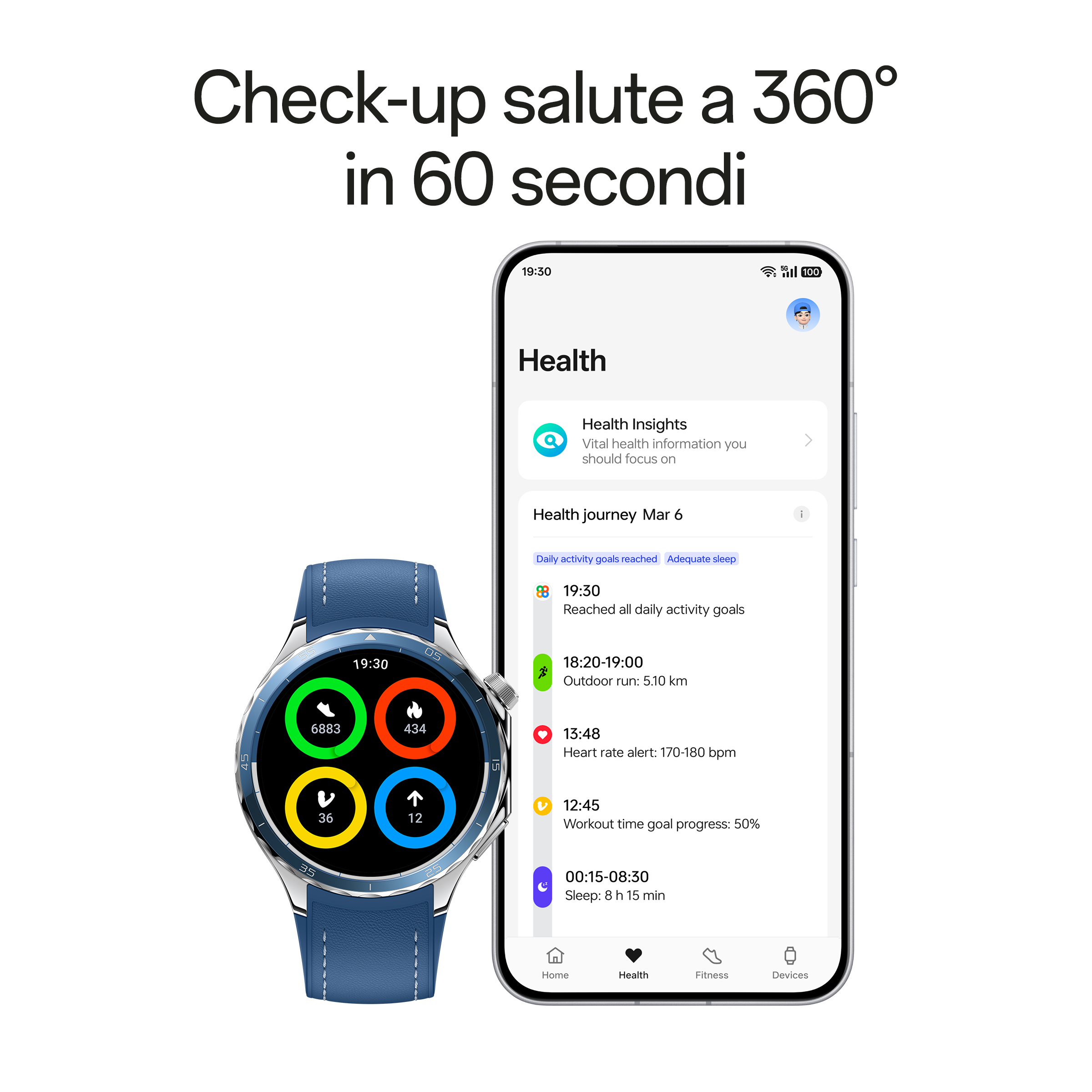 Smartwatch y teléfono mostrando datos de salud con app, reloj con correa azul, fondo blanco.