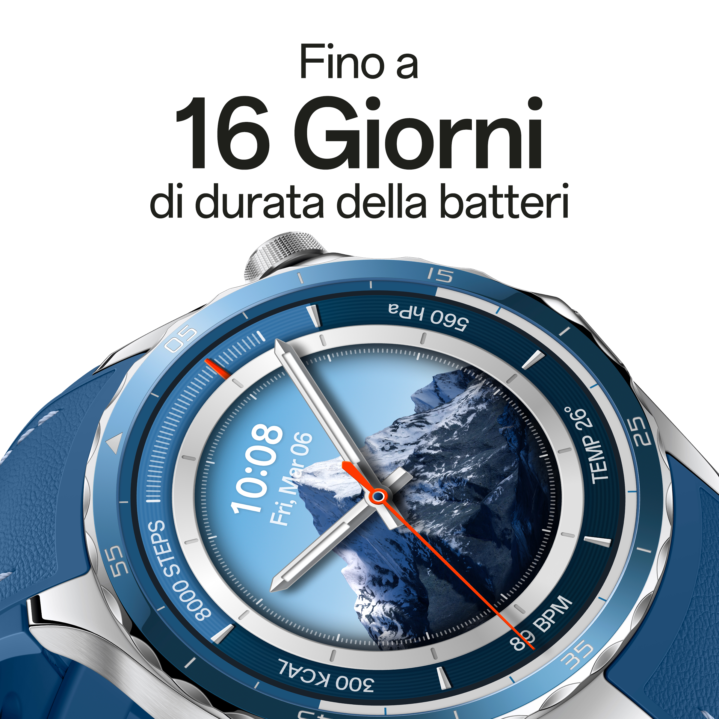 Esfera de reloj inteligente azul que muestra la hora, la fecha, la temperatura, los pasos y la frecuencia cardíaca. Fondo blanco.