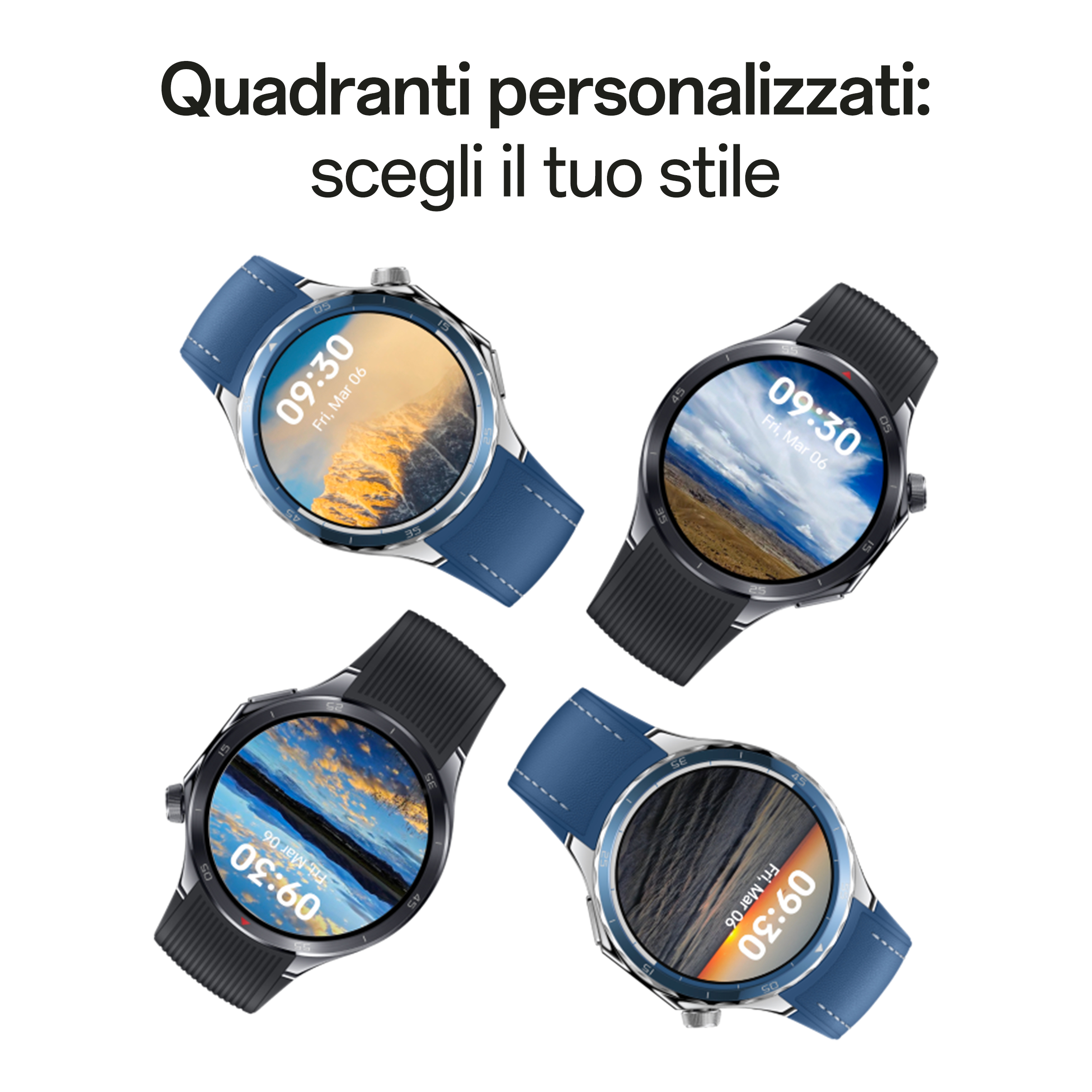 Cuatro smartwatches, cada uno con una esfera diferente. Correas azules y negras. Fondo blanco.