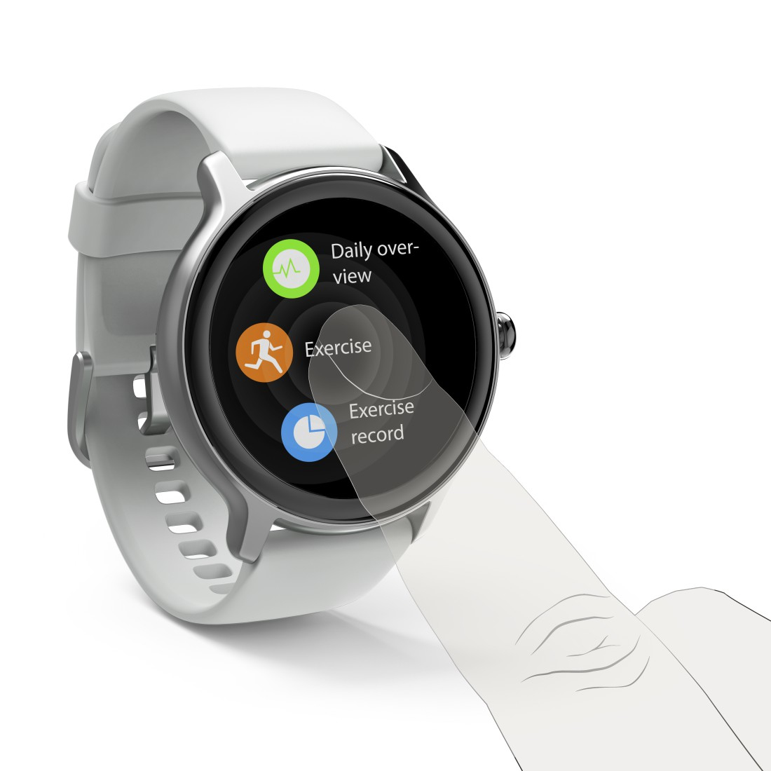 Smartwatch z opcjami przeglądu dziennego, ćwiczeń i rejestru ćwiczeń. Palec dotyka ekranu.