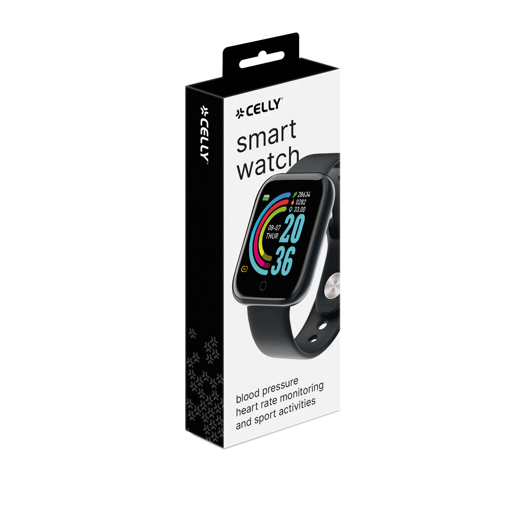 Smartwatch w pudełku, czarny pasek, wyświetlacz cyfrowy z danymi. Biało-czarne pudełko z logo 'CELLY' i opisem produktu.