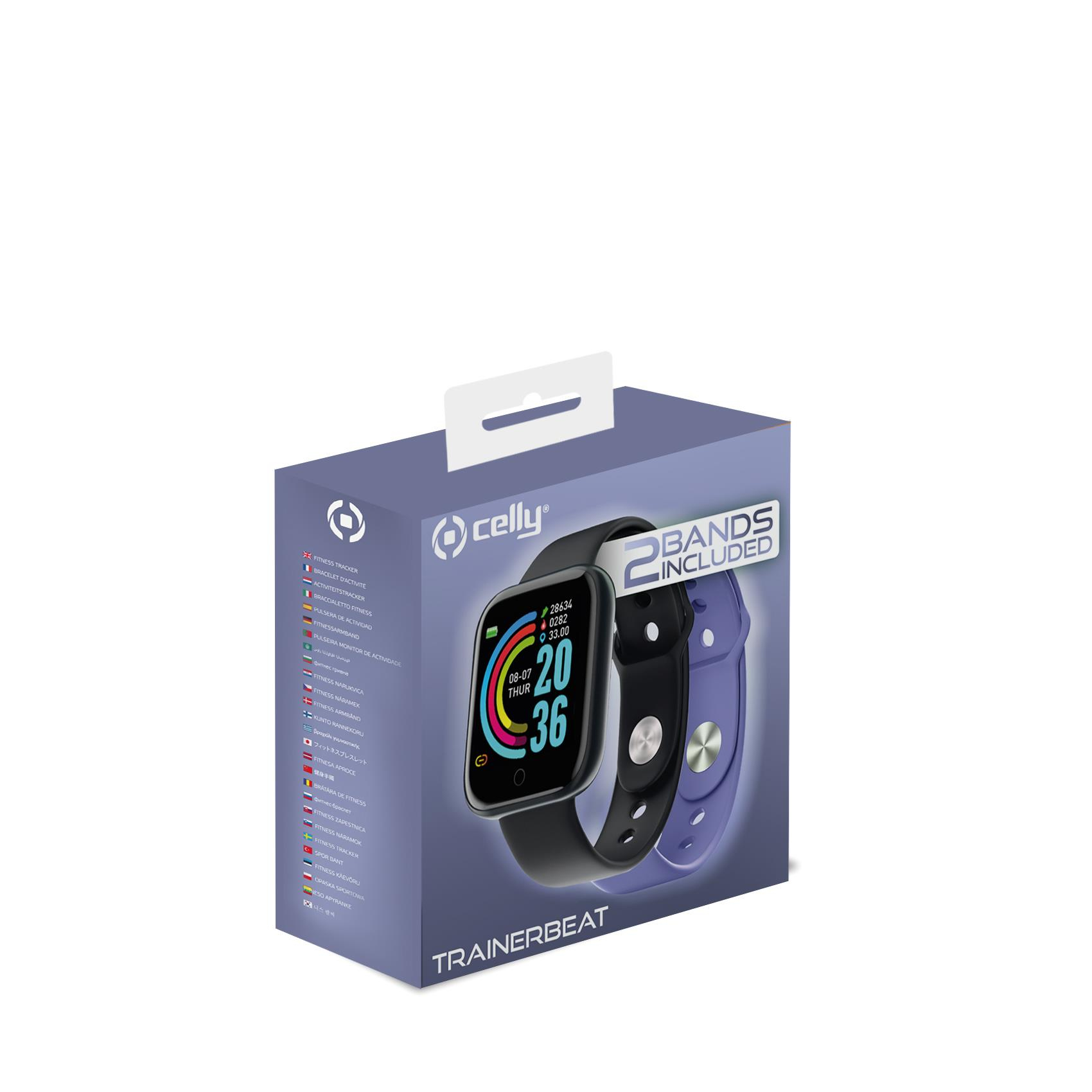 Pudełko smartwatcha. Zawiera czarny smartwatch z czarnym i fioletowym paskiem. Pudełko jest niebiesko-białe.