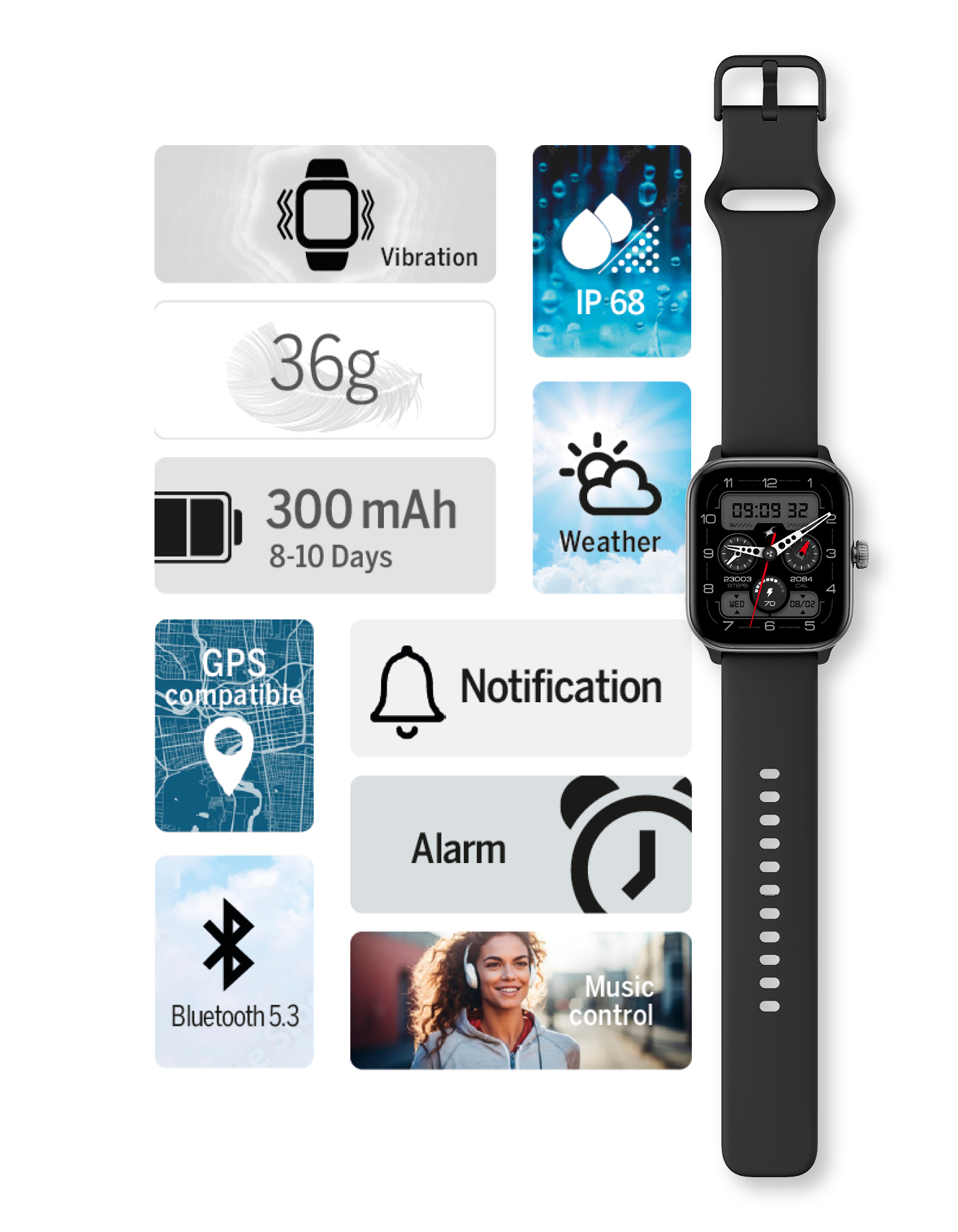 Une smartwatch noire avec des icônes pour les fonctionnalités. La montre est sur un fond blanc.