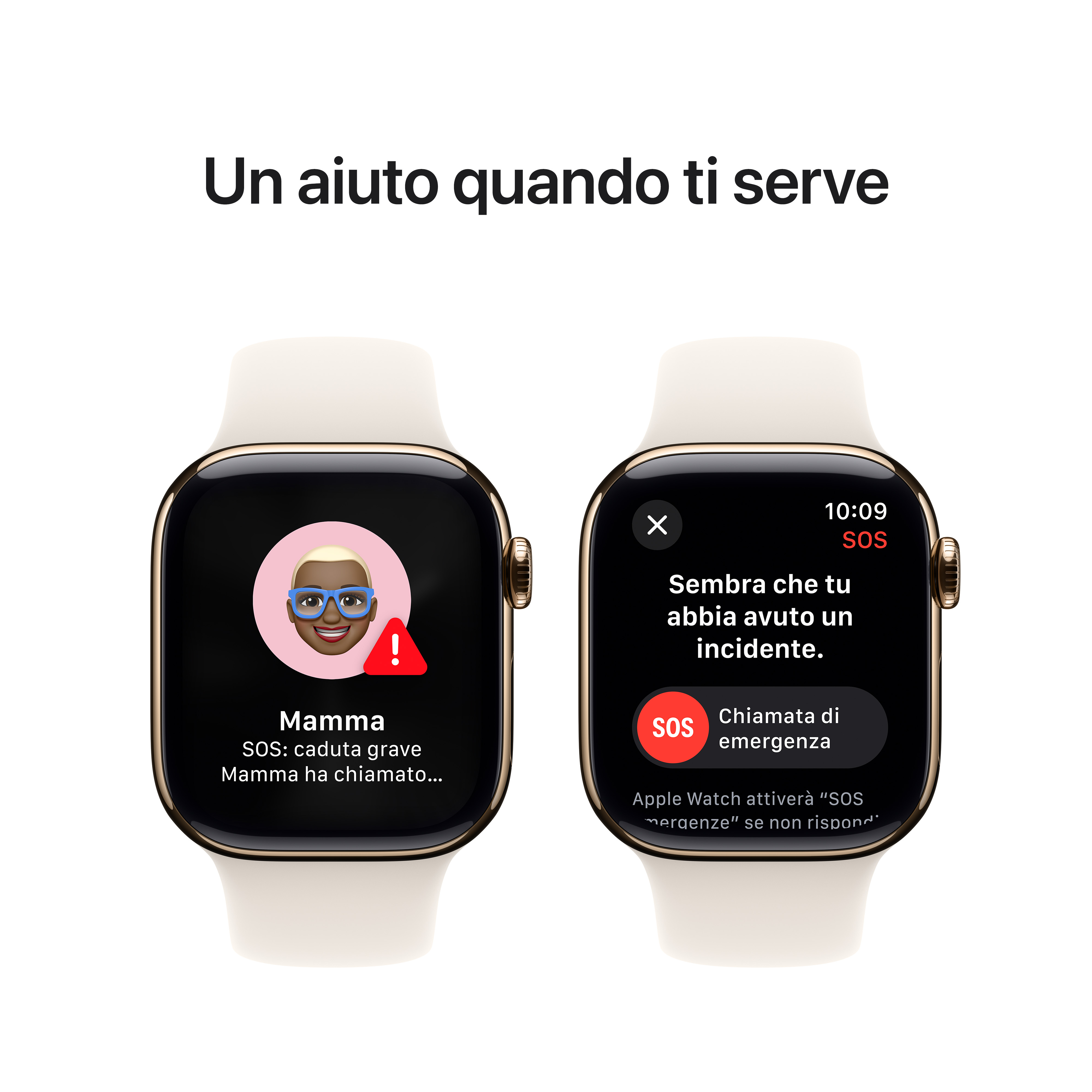 Dwa Apple Watch wyświetlające alert SOS. Białe tło.