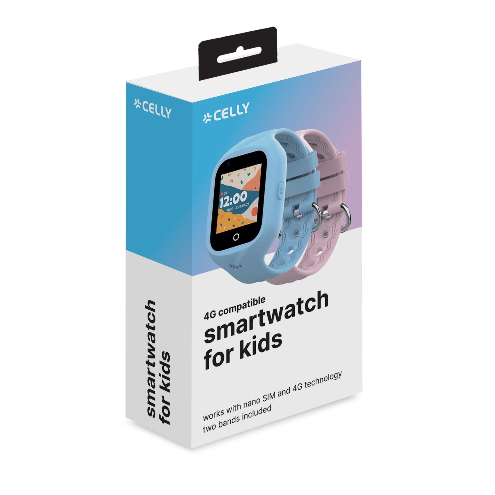 Zestaw smartwatcha. Niebieski i różowy smartwatch w pudełku. Białe tło.