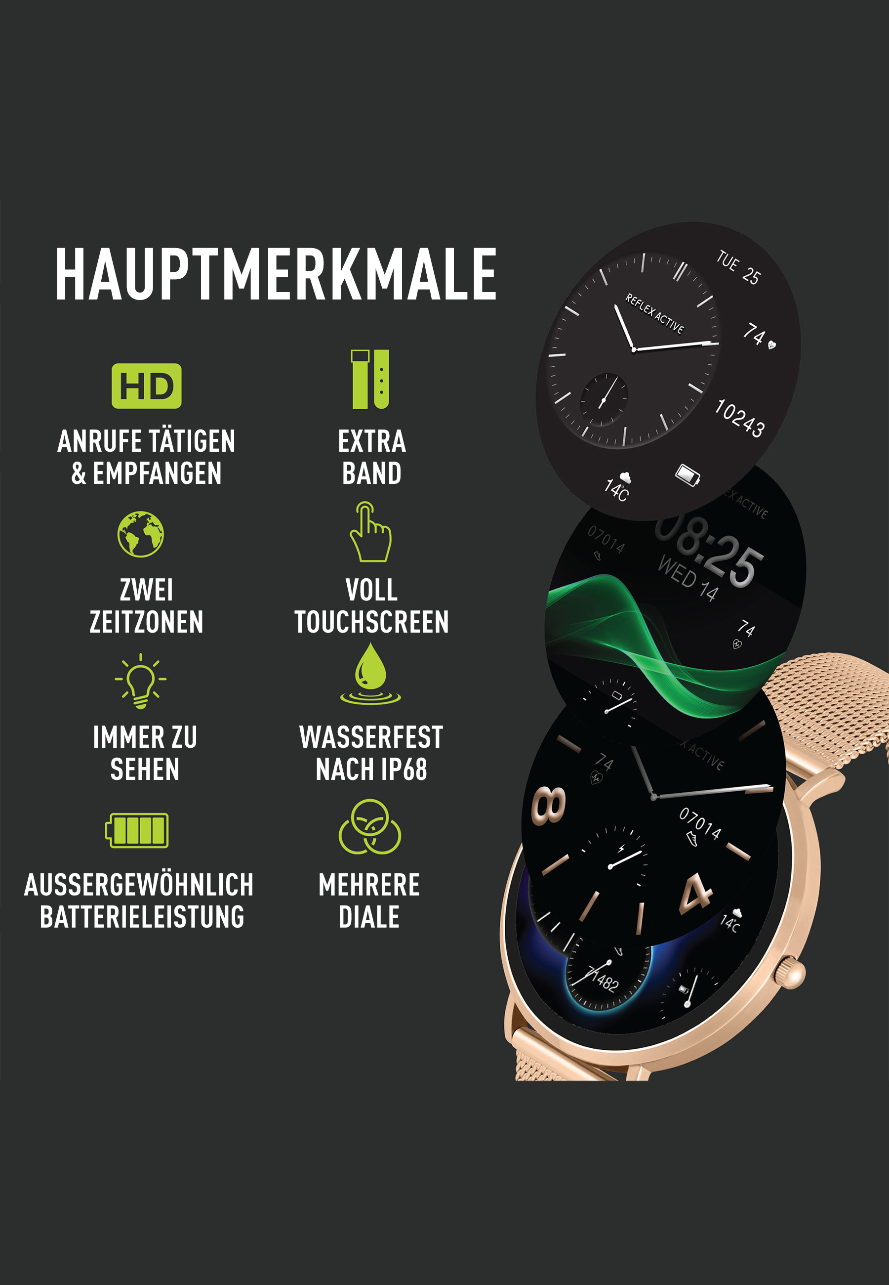Une montre connectée montre les principales caractéristiques. Des icônes mettent en évidence l'écran, le bracelet supplémentaire, l'écran tactile, etc.