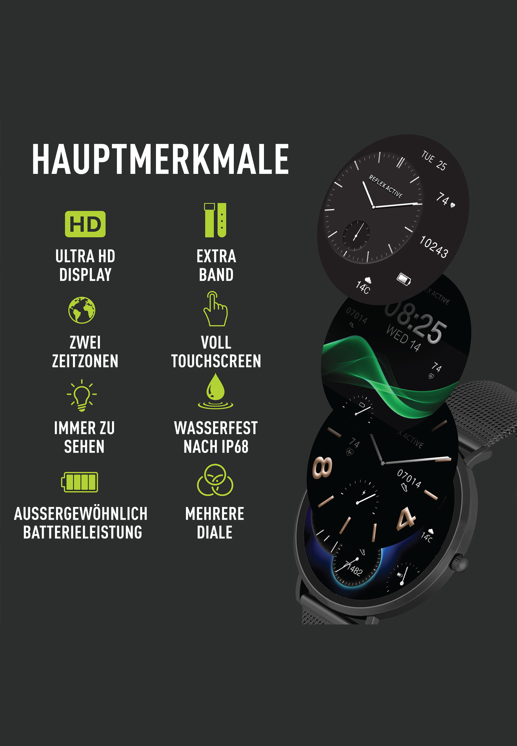 Une montre connectée montre les principales caractéristiques. Des icônes mettent en évidence l'écran, le bracelet supplémentaire, l'écran tactile, etc.