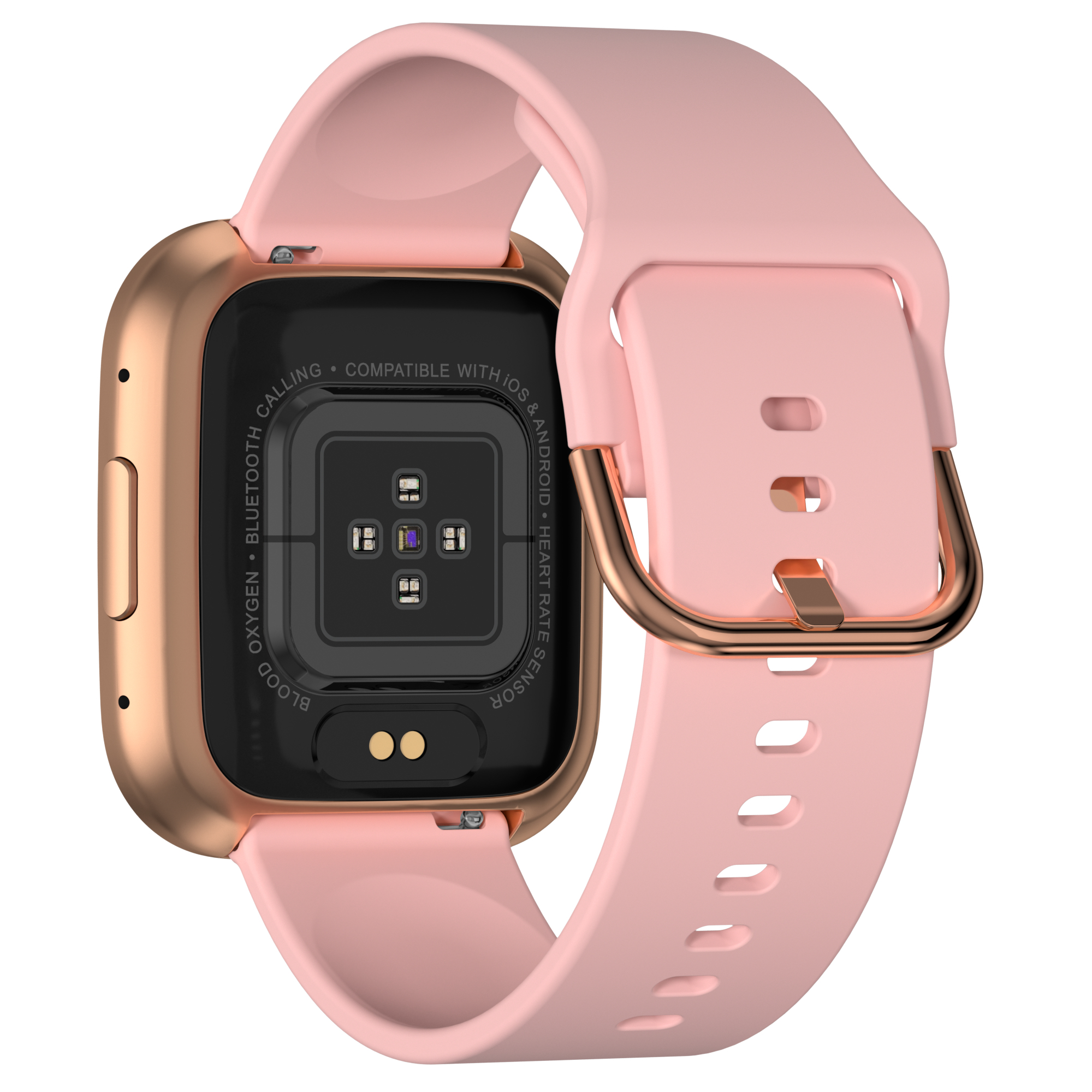 Eine goldene Smartwatch mit rosa Armband, von hinten betrachtet, zeigt Sensoren und das Zifferblatt.