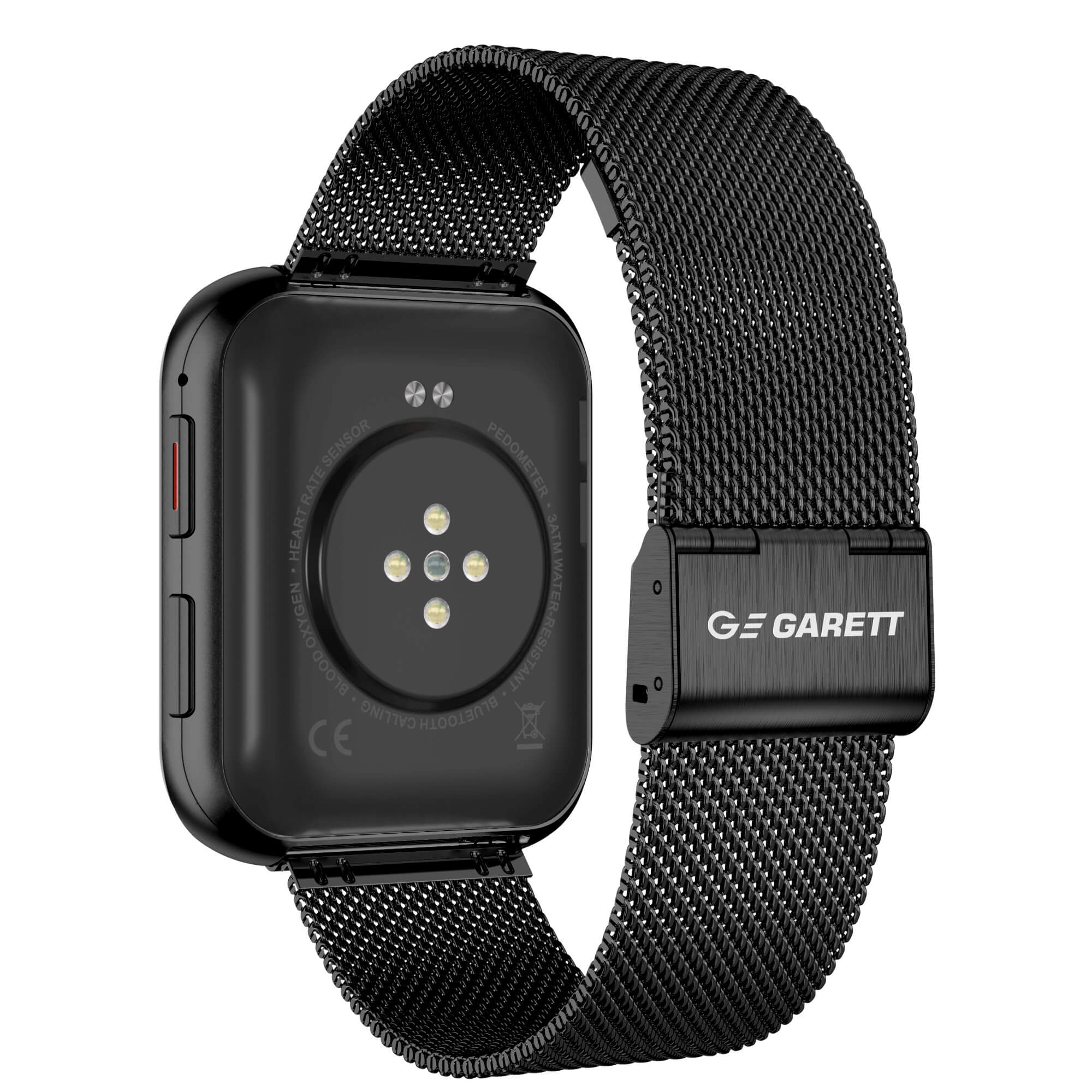 Schwarze Smartwatch-Rückseite mit Mesh-Armband. Es zeigt den Herzfrequenzsensor.