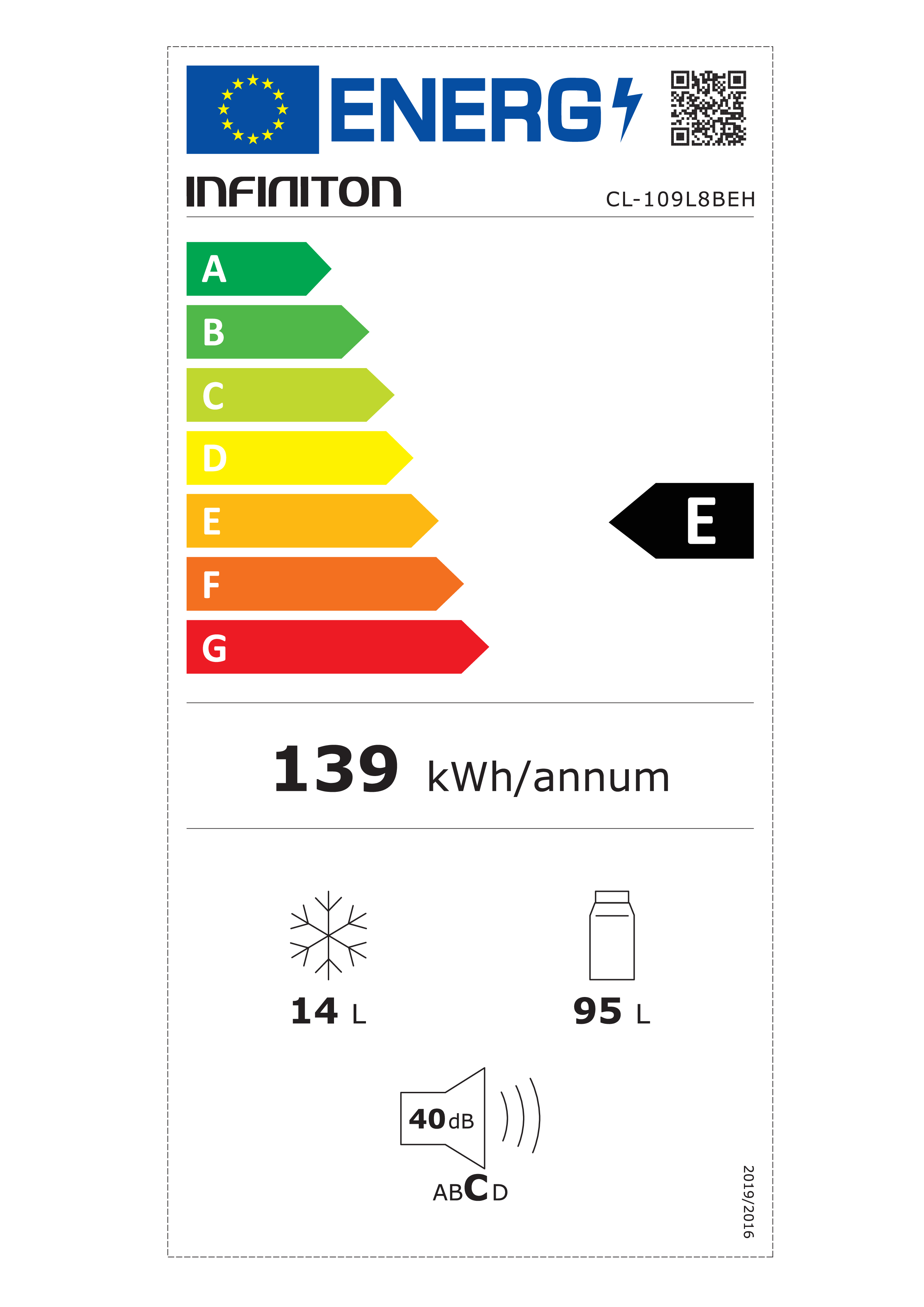 Etiqueta energética de un frigorífico. Muestra la clase de eficiencia energética, capacidad y nivel sonoro.
