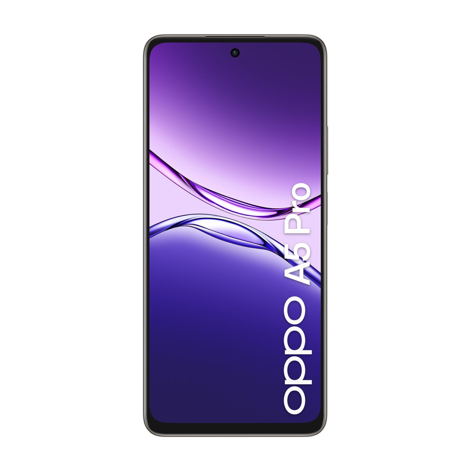 Smartfon Oppo A5 Pro, widok z przodu, z fioletowym ekranem gradientowym.