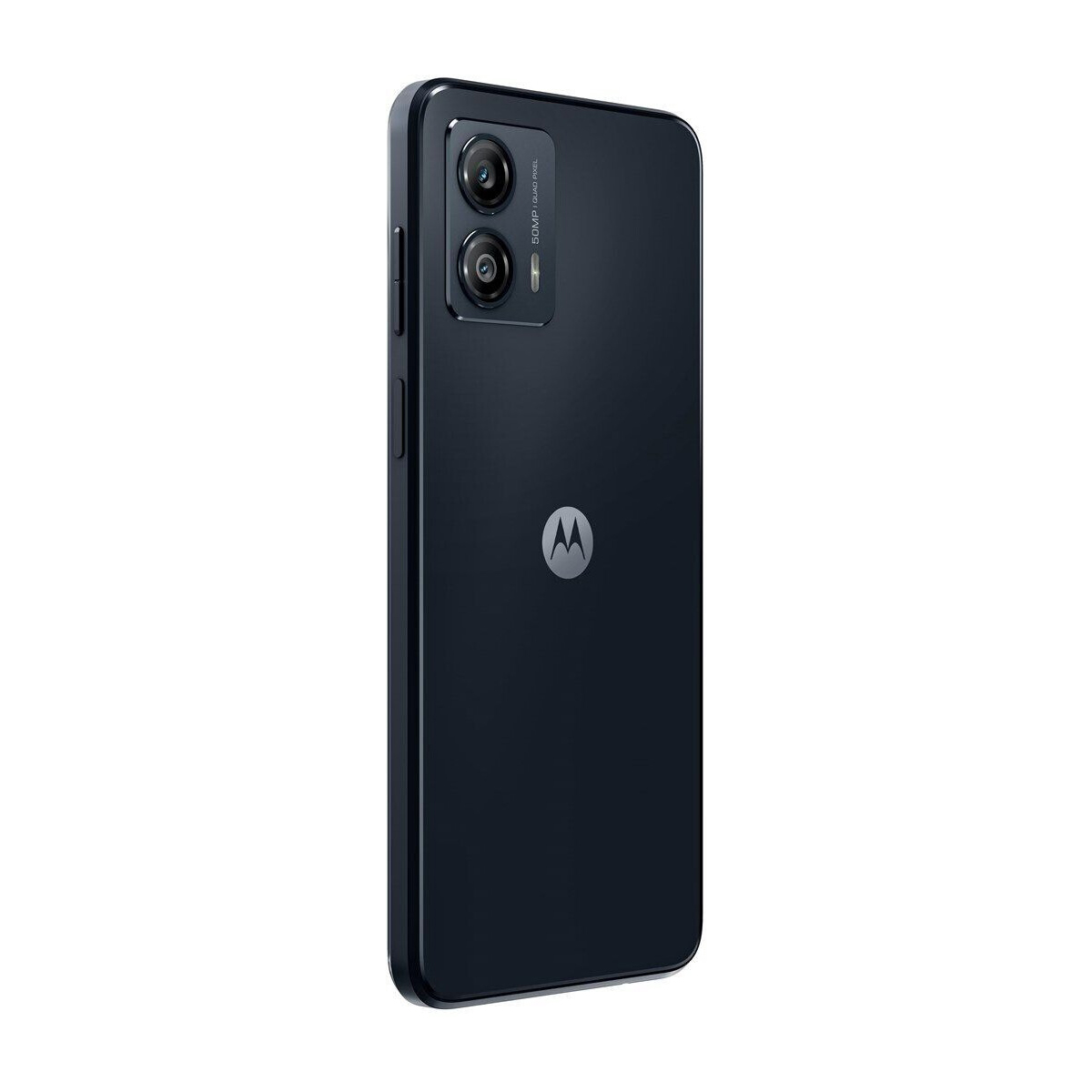 Ciemnoniebieski smartfon widziany z tyłu, z wypukłością aparatu i logo Motorola.
