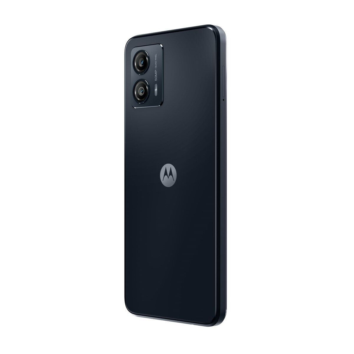 Tył granatowego smartfona z trzema aparatami i logo Motorola.