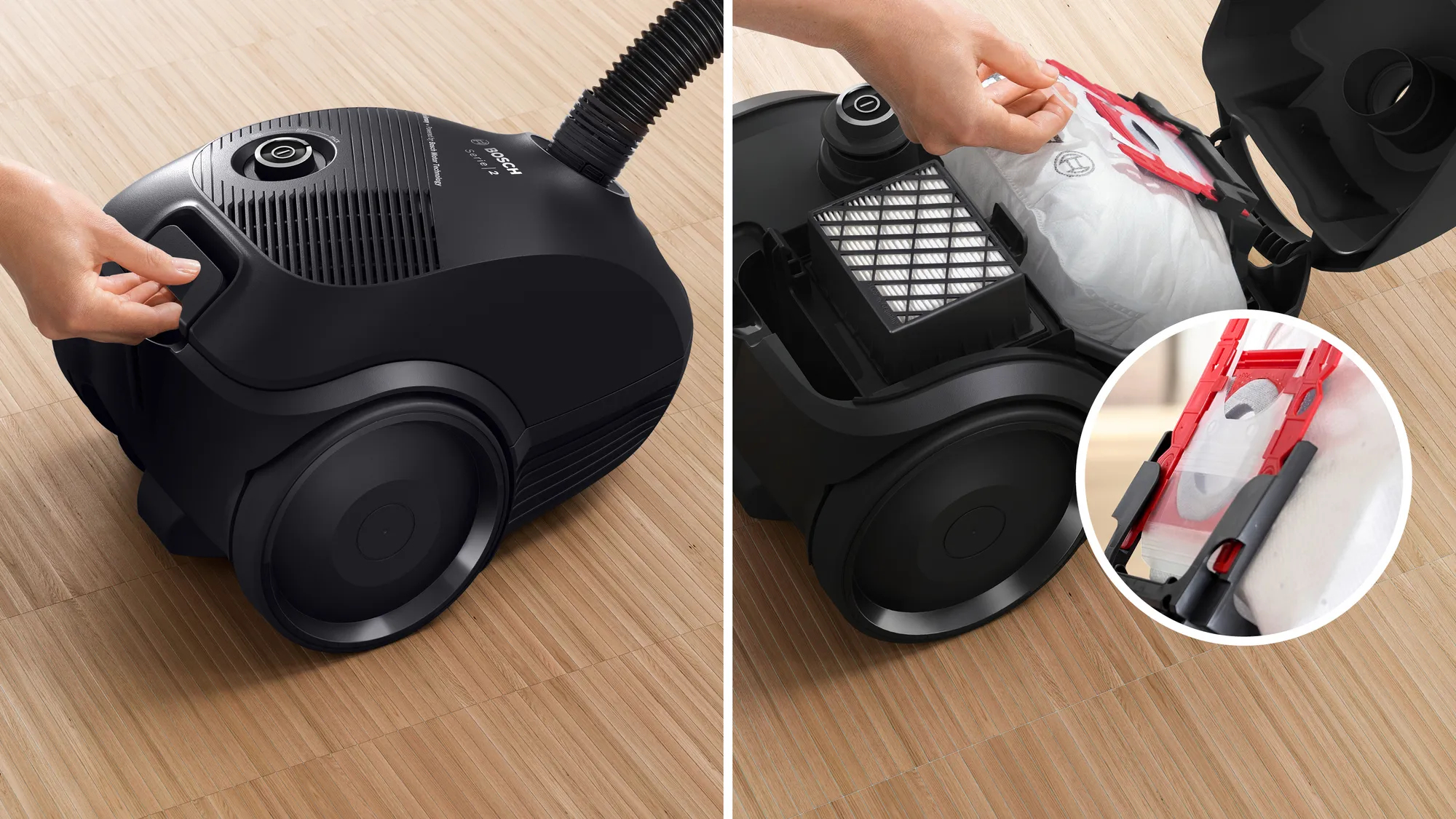 Zbliżenie czarnego odkurzacza. Części są wymieniane.