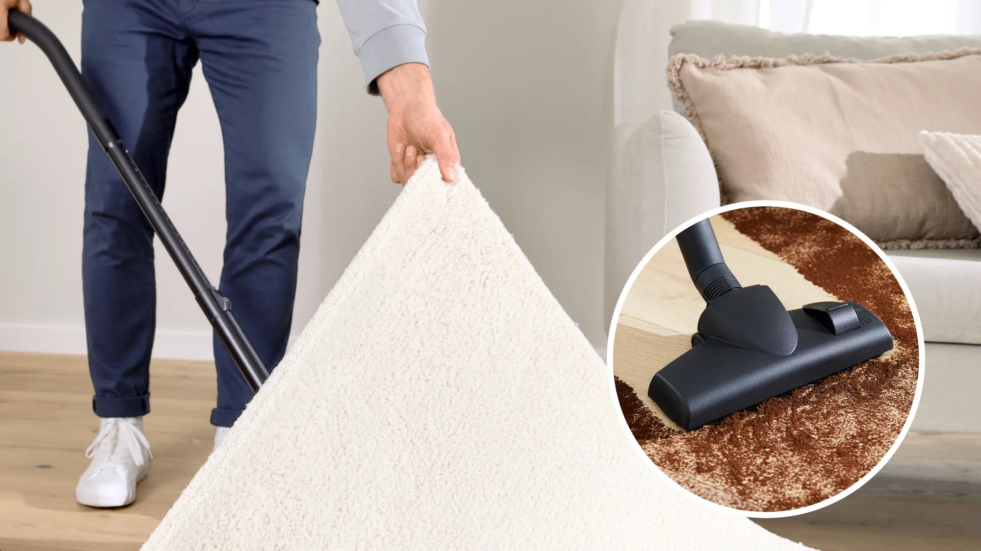 Osoba odkurza biały dywan z wstawką pokazującą głowicę odkurzacza.