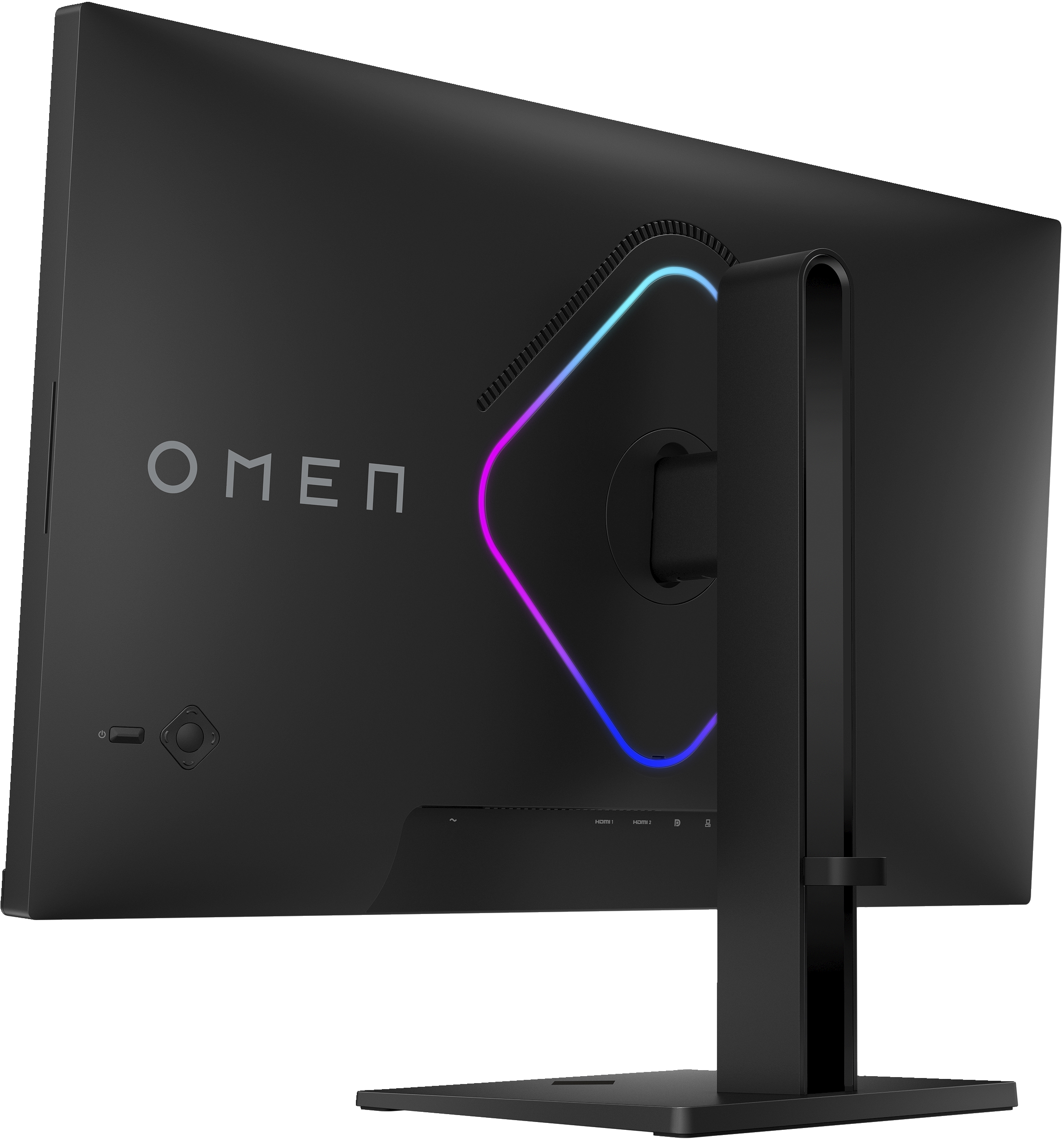 Retro del monitor nero con logo OMEN e supporto.
