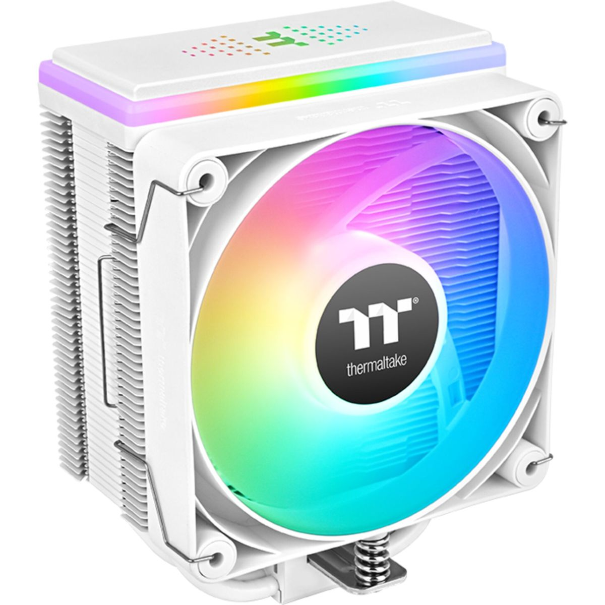 Witte CPU-koeler met een kleurrijke ventilator. De koeler heeft een wit frame en ventilator.
