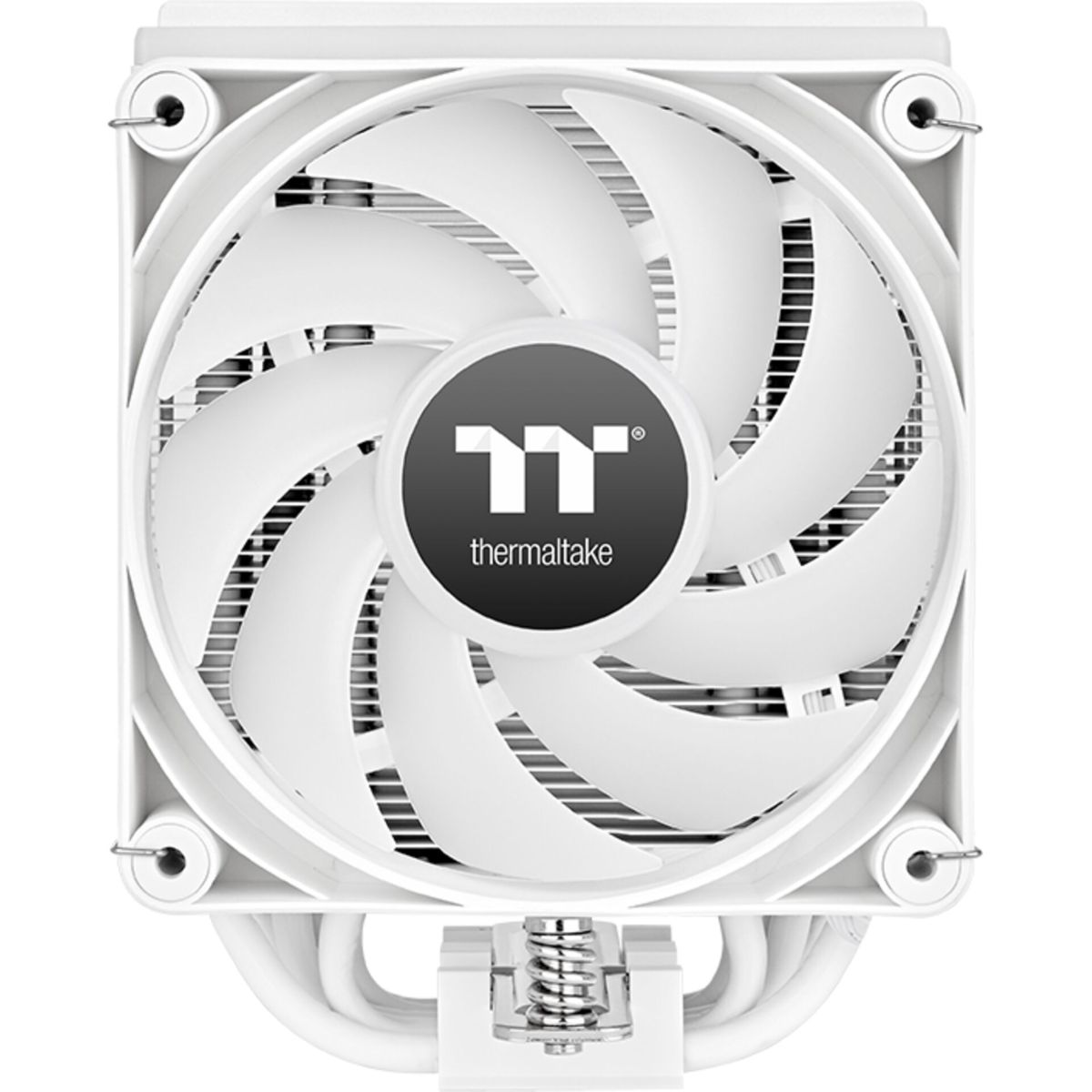 Witte computerventilator met zwart logo in het midden. Ventilatorbladen zijn wit. Zwart Thermaltake-logo.