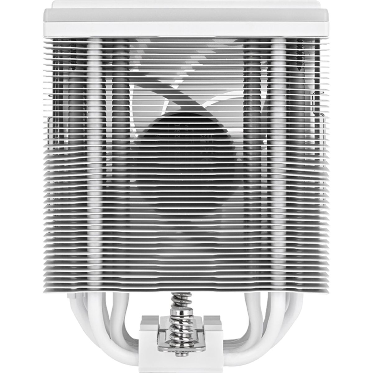 CPU-koeler, wit met metalen vinnen. Toont de bovenkant en de metalen vinnen in detail.