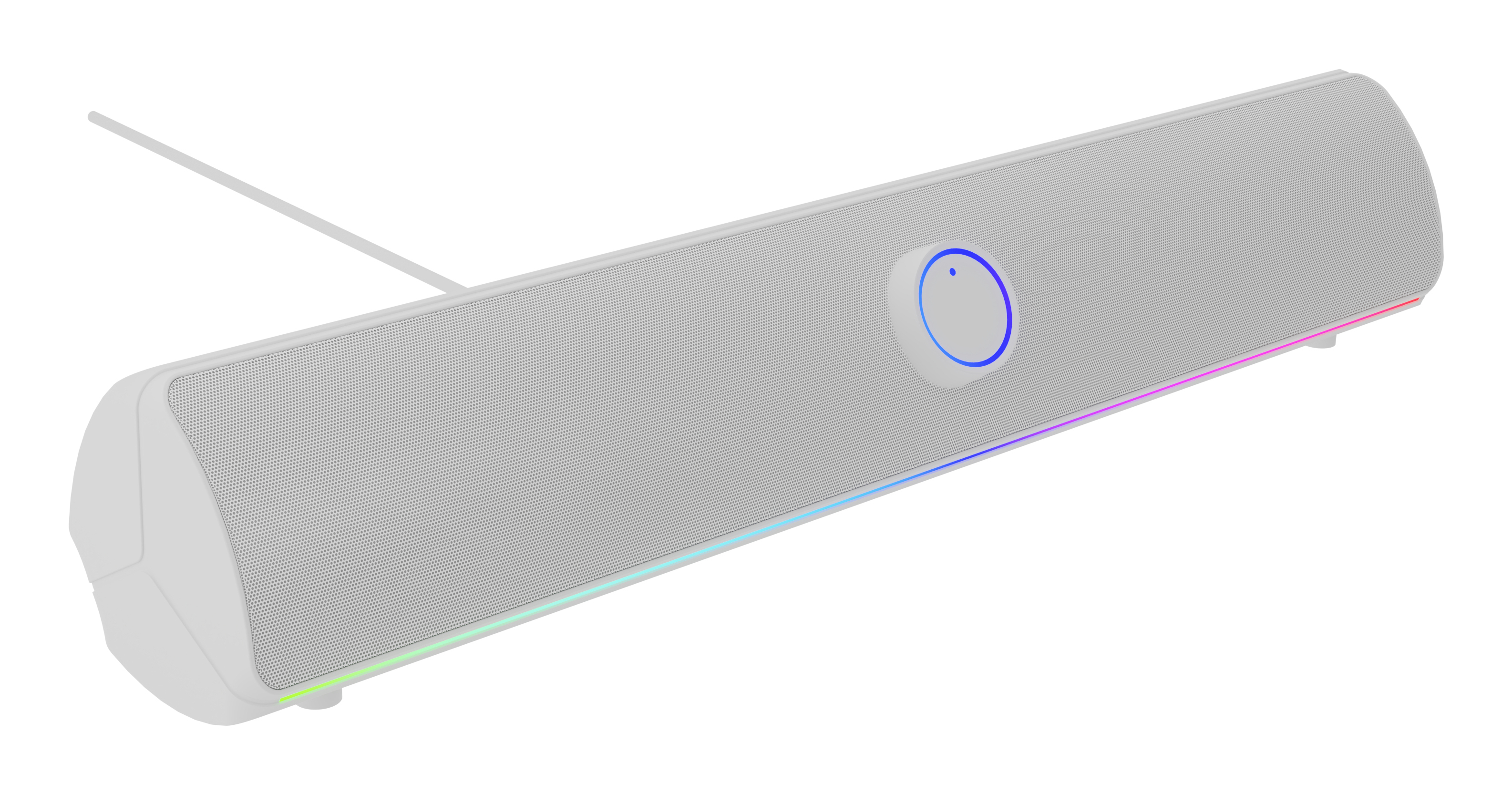 Szary soundbar, z przyciskiem sterowania i paskiem świetlnym. Ma białą antenę.