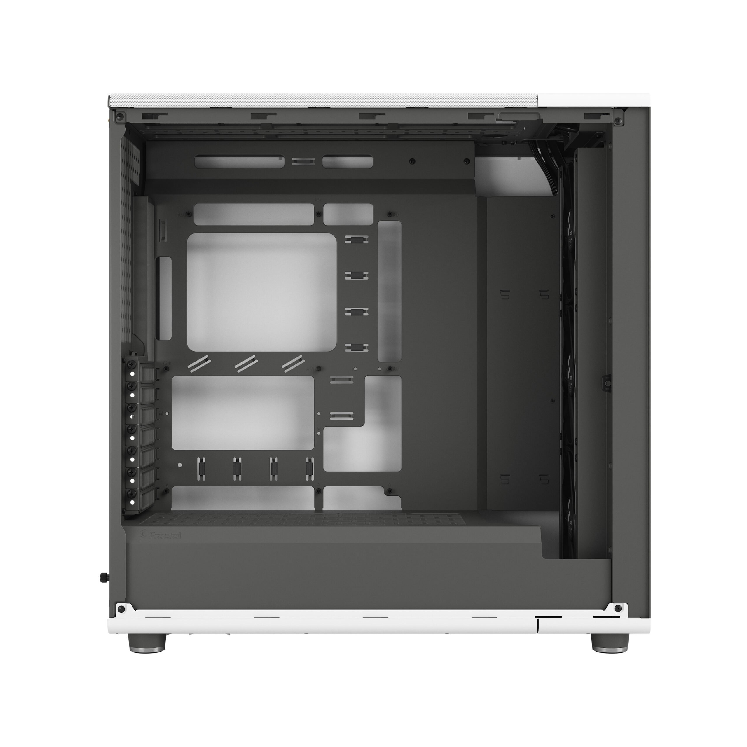 Case computer bianco e nero con frontale in legno, mostra l'interno.