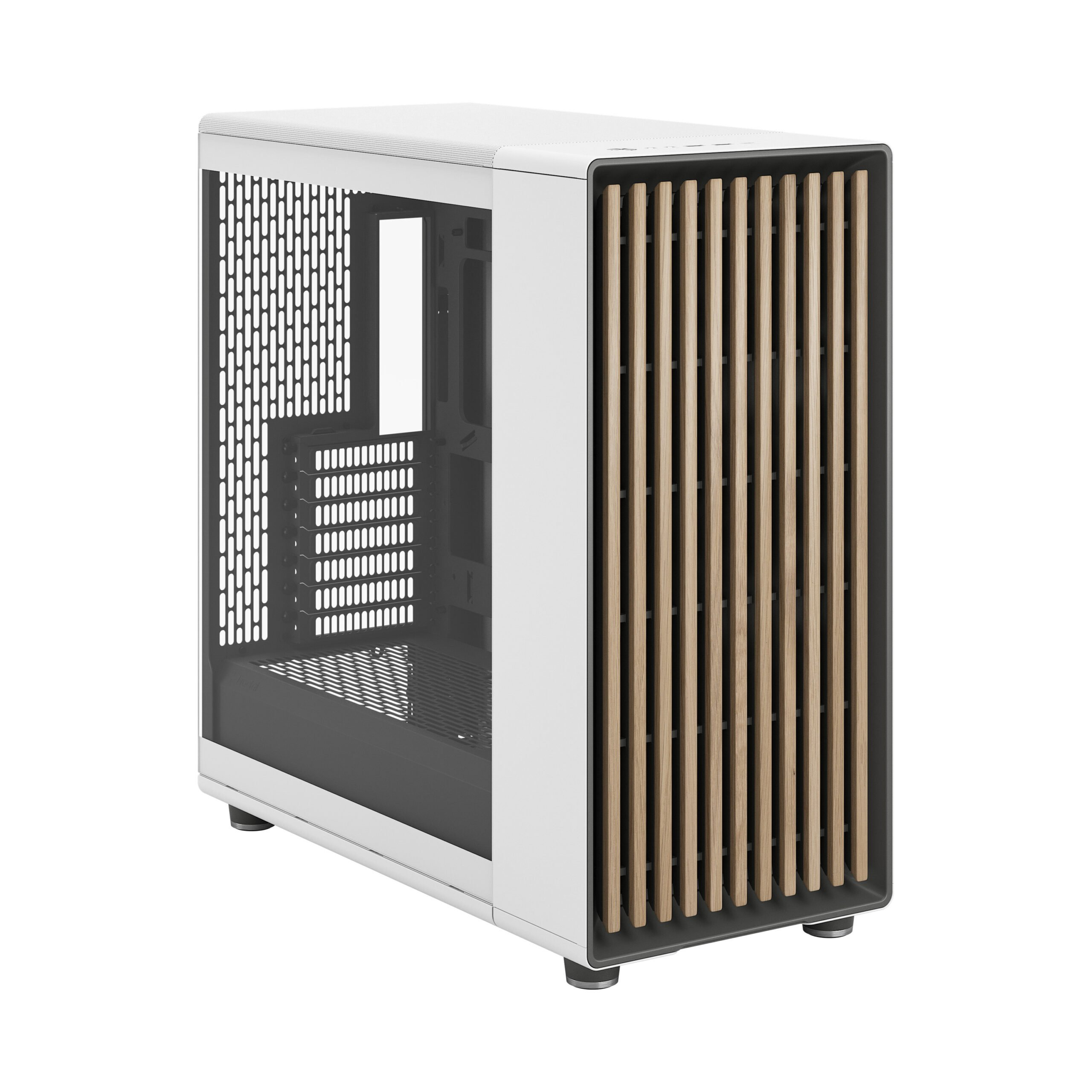 Un case per computer bianco con pannello laterale in vetro, frontale in legno e piedini neri.