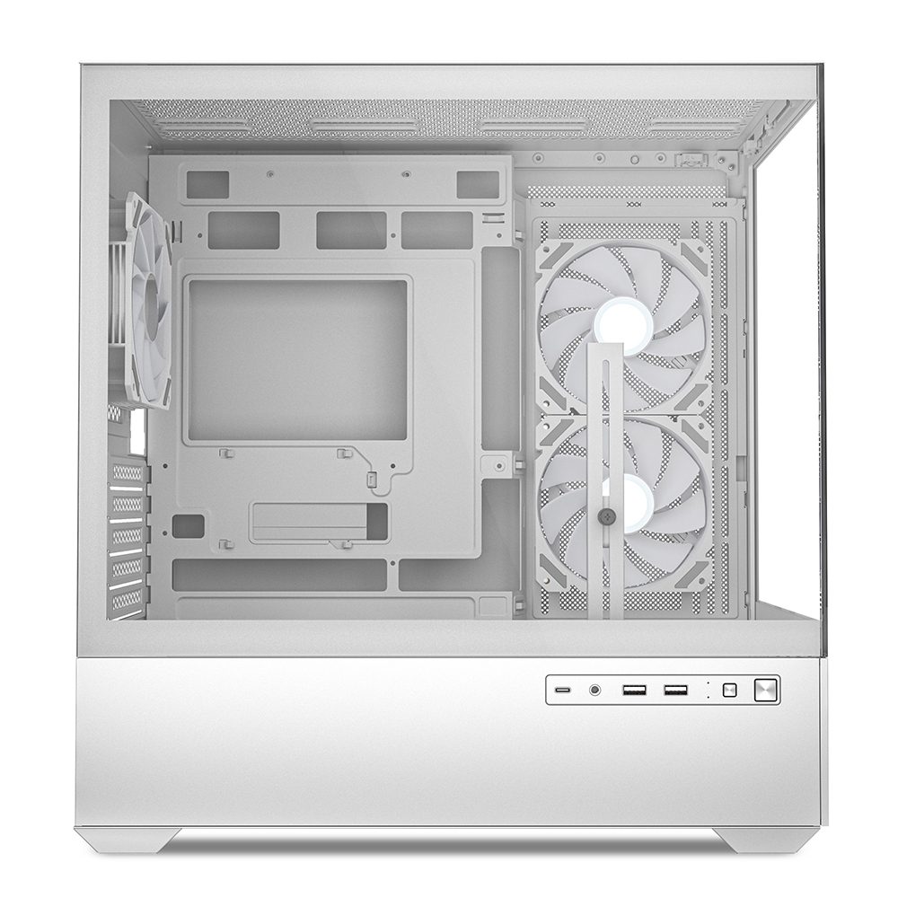 Interno case PC bianco con ventole e spazio per componenti, vuoto all'interno.