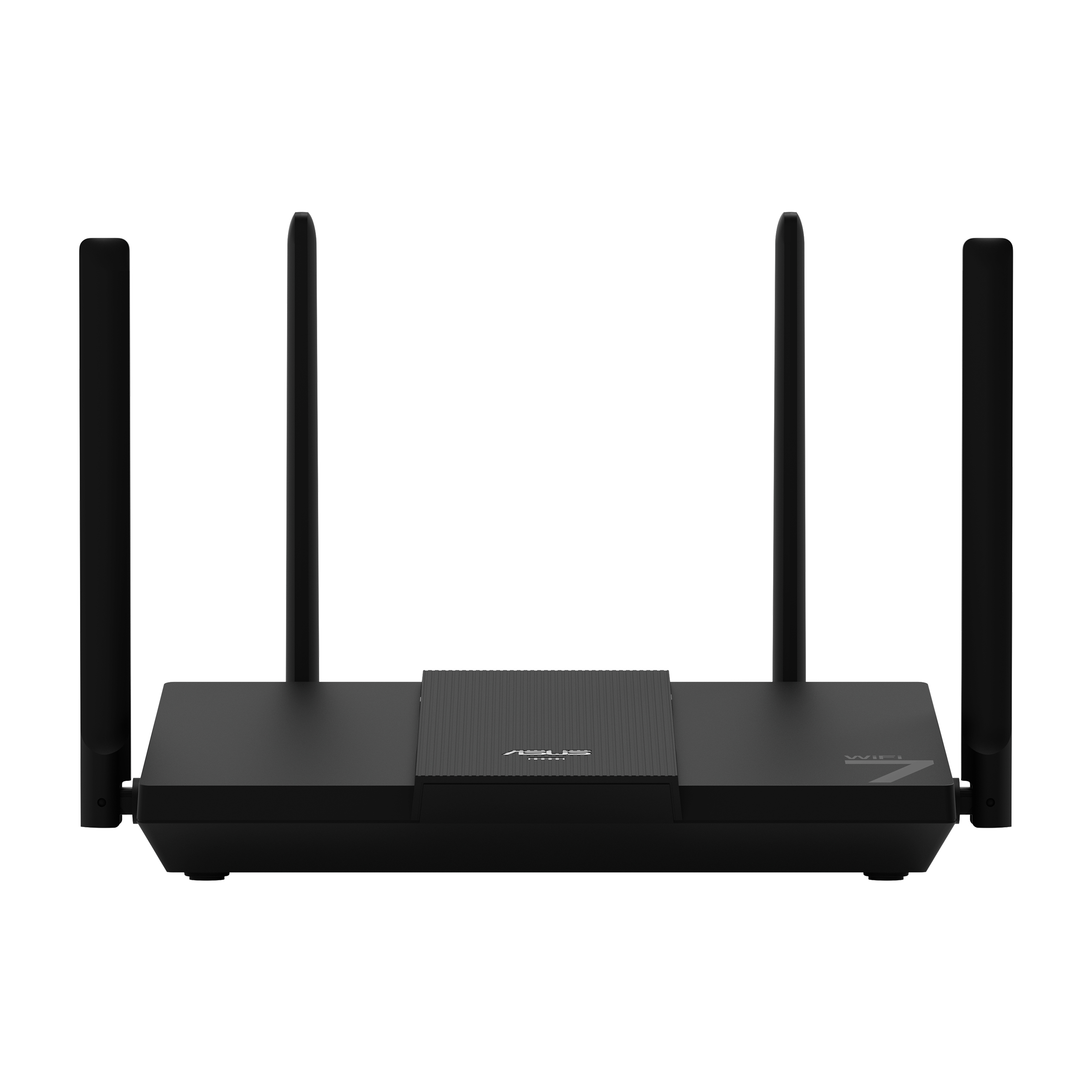 Czarny router Asus WiFi 7 z czterema antenami. Białe tło.