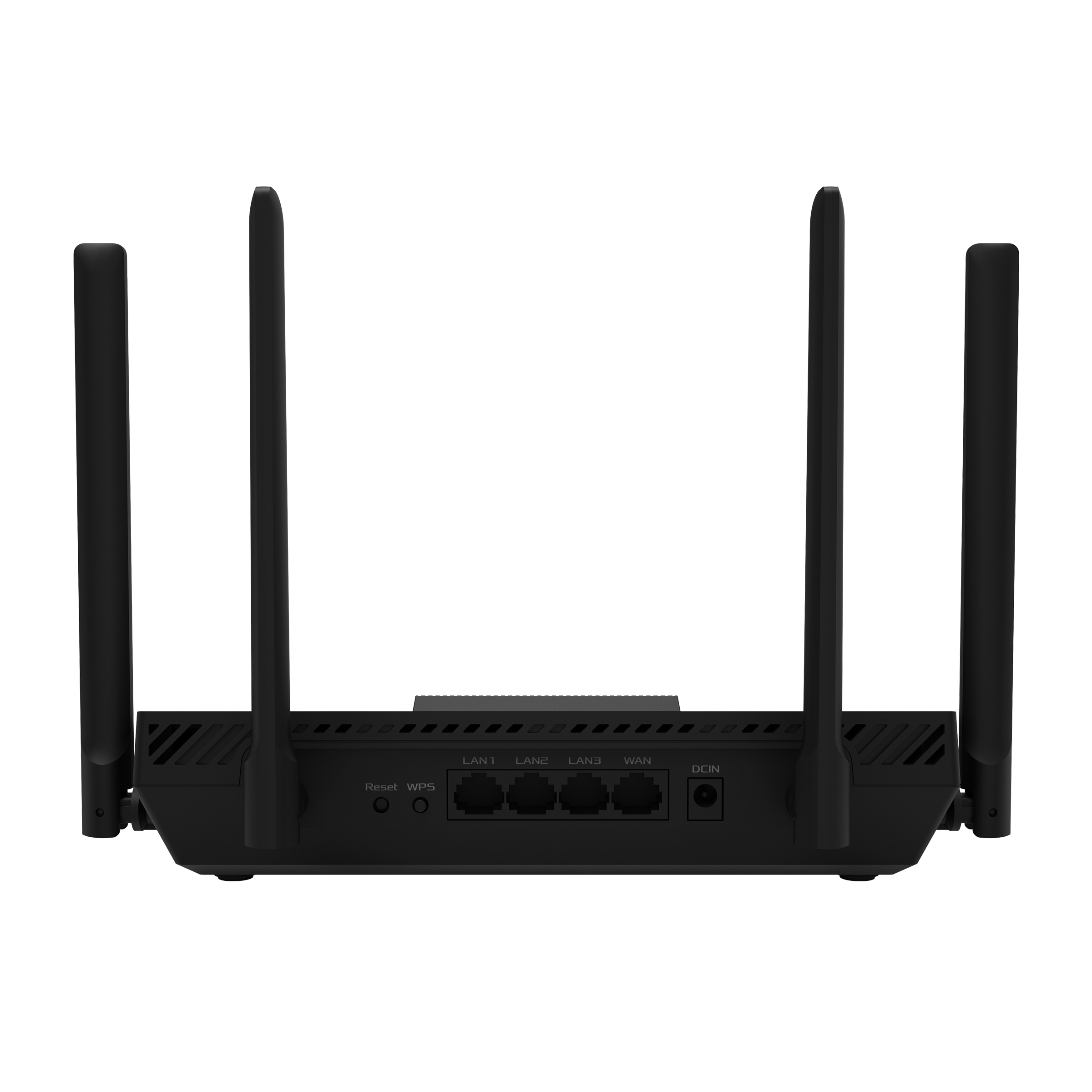 Tył czarnego routera Asus WiFi 7 z portami i antenami. Białe tło.