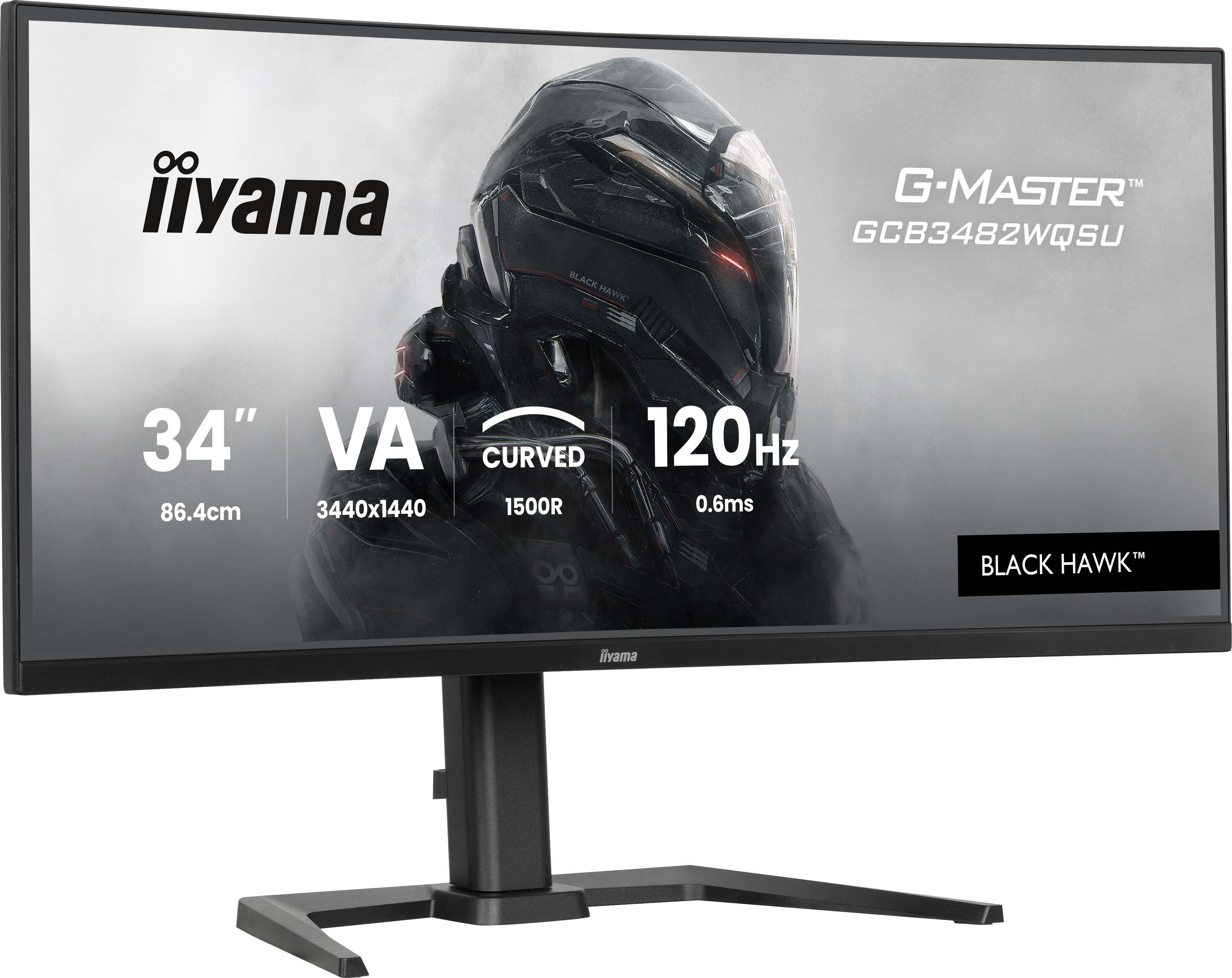 Een gebogen 34-inch iiyama monitor. Het heeft een zwarte standaard en een afbeelding van een helmfiguur.