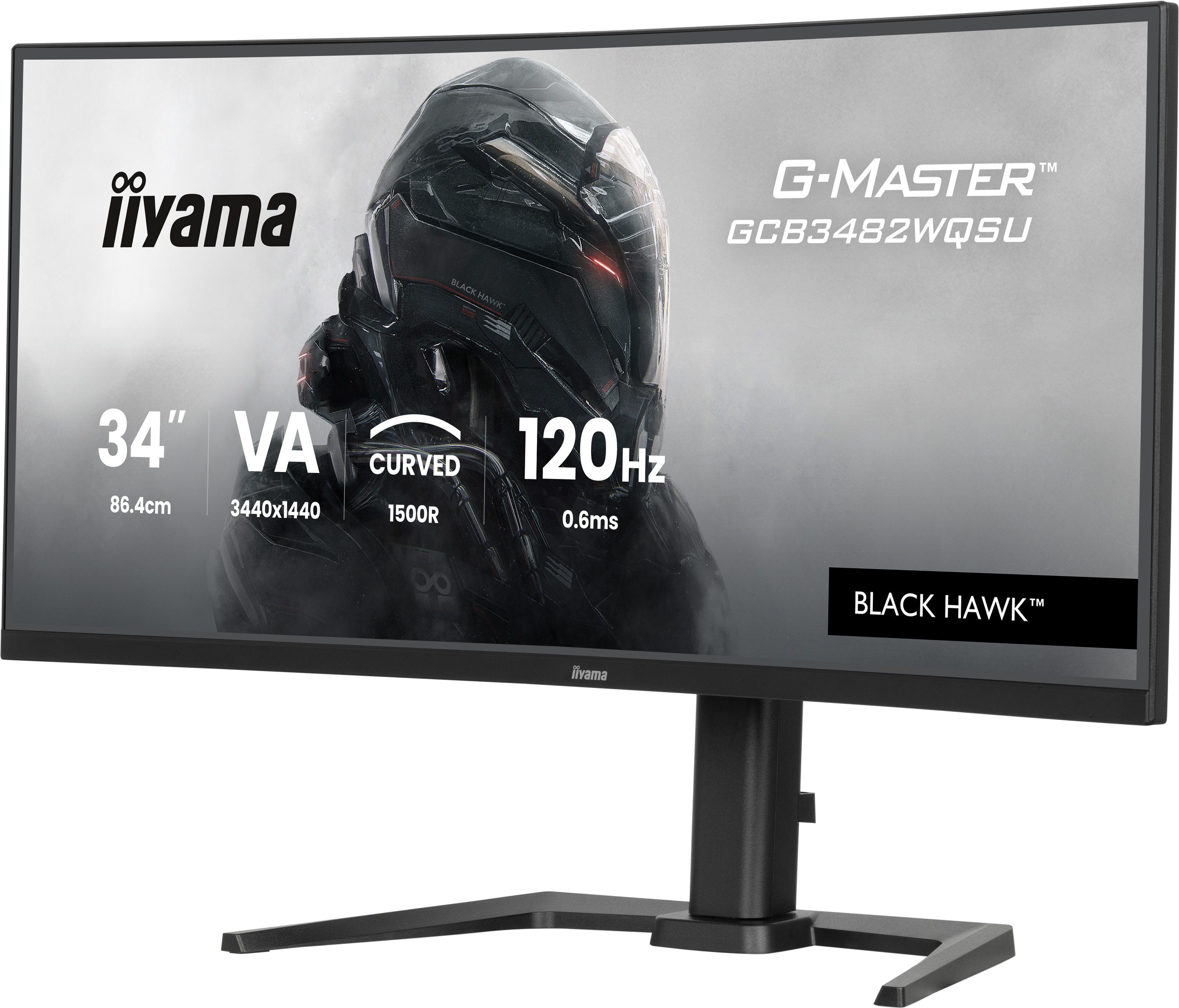 Brede monitor met tekst en afbeeldingen. Zwart frame, Black Hawk logo.