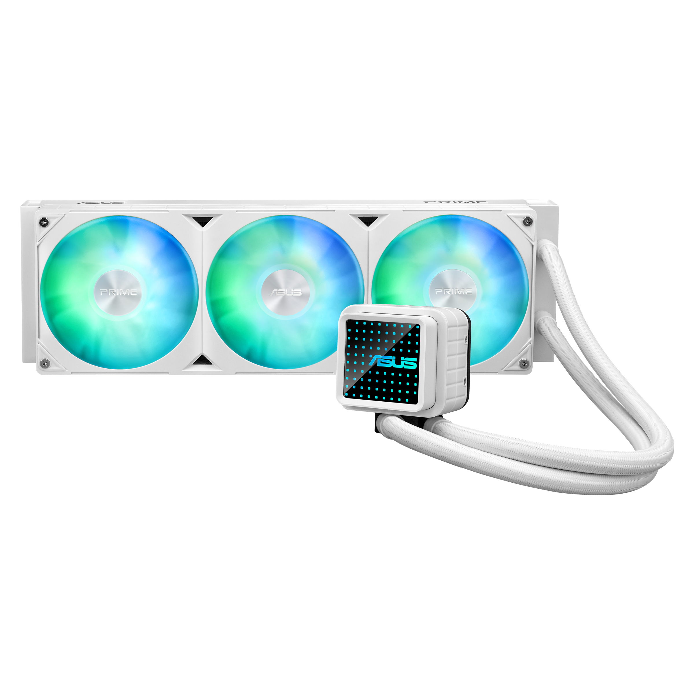 Biały system chłodzenia komputera z trzema wentylatorami. Wielokolorowe światła. Białe tło.