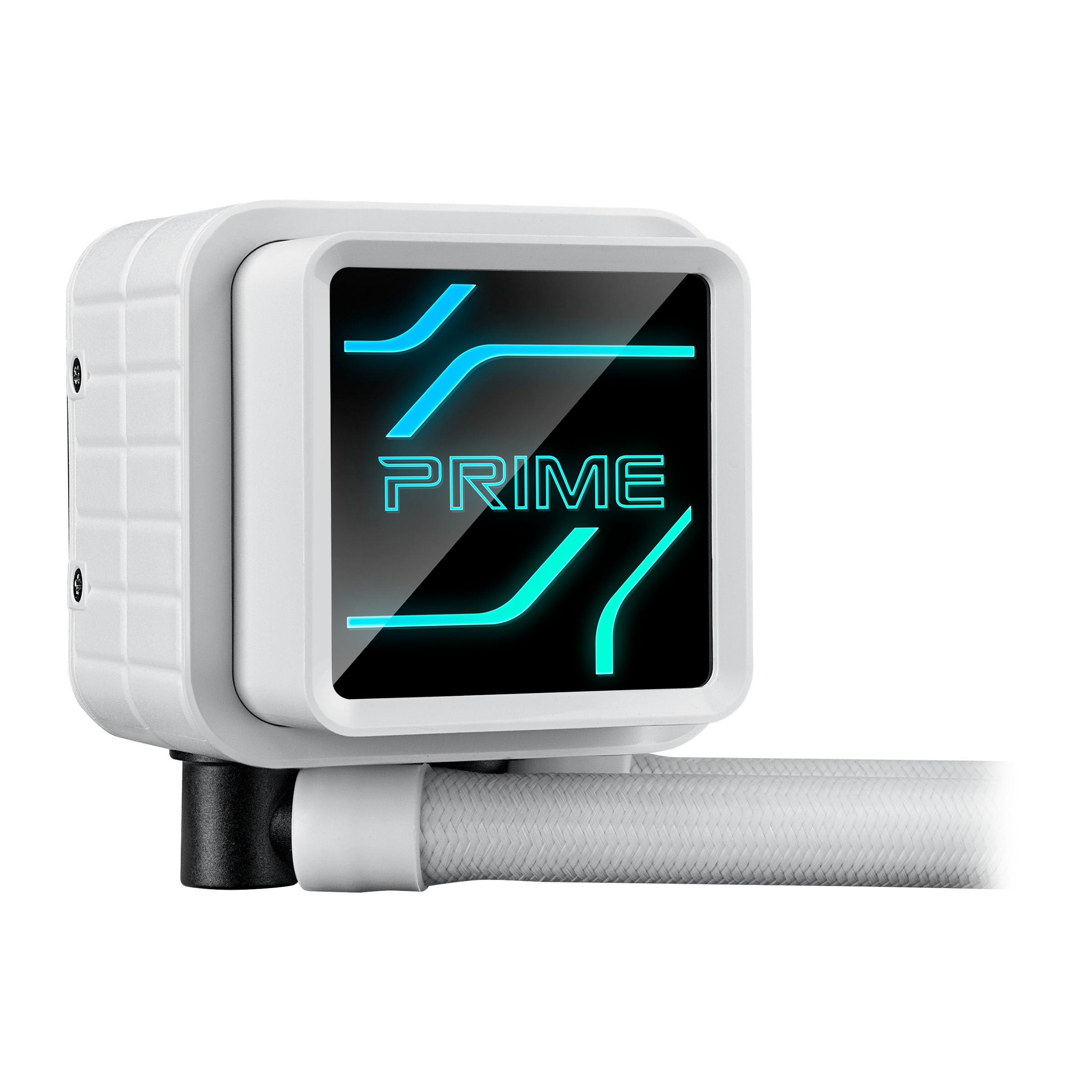 Zbliżenie białej pompy chłodzenia komputera z logo PRIME i rurką.